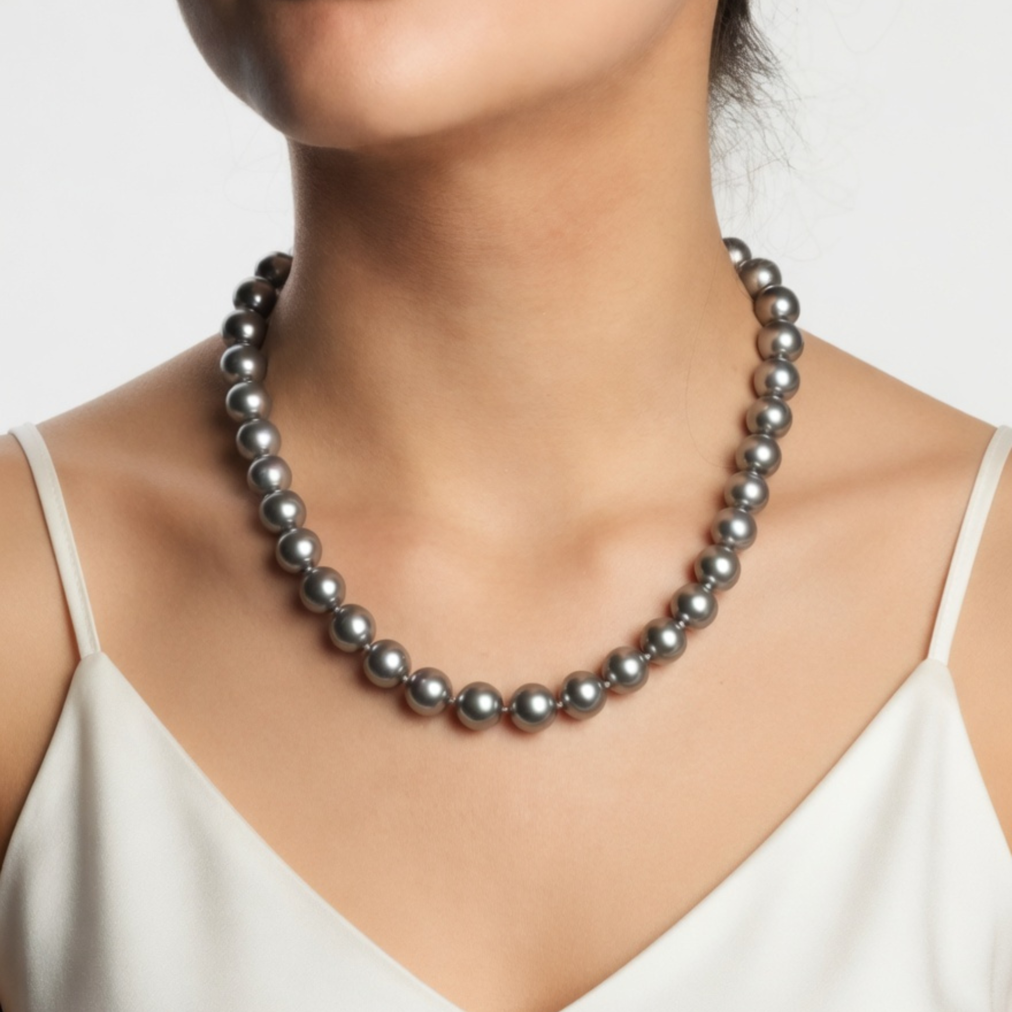 Studioaufnahme einer klassischen Perlenkette mit großen, grau-schimmernden Perlen, getragen von einer Frau in einem eleganten, weißen Seidentop.