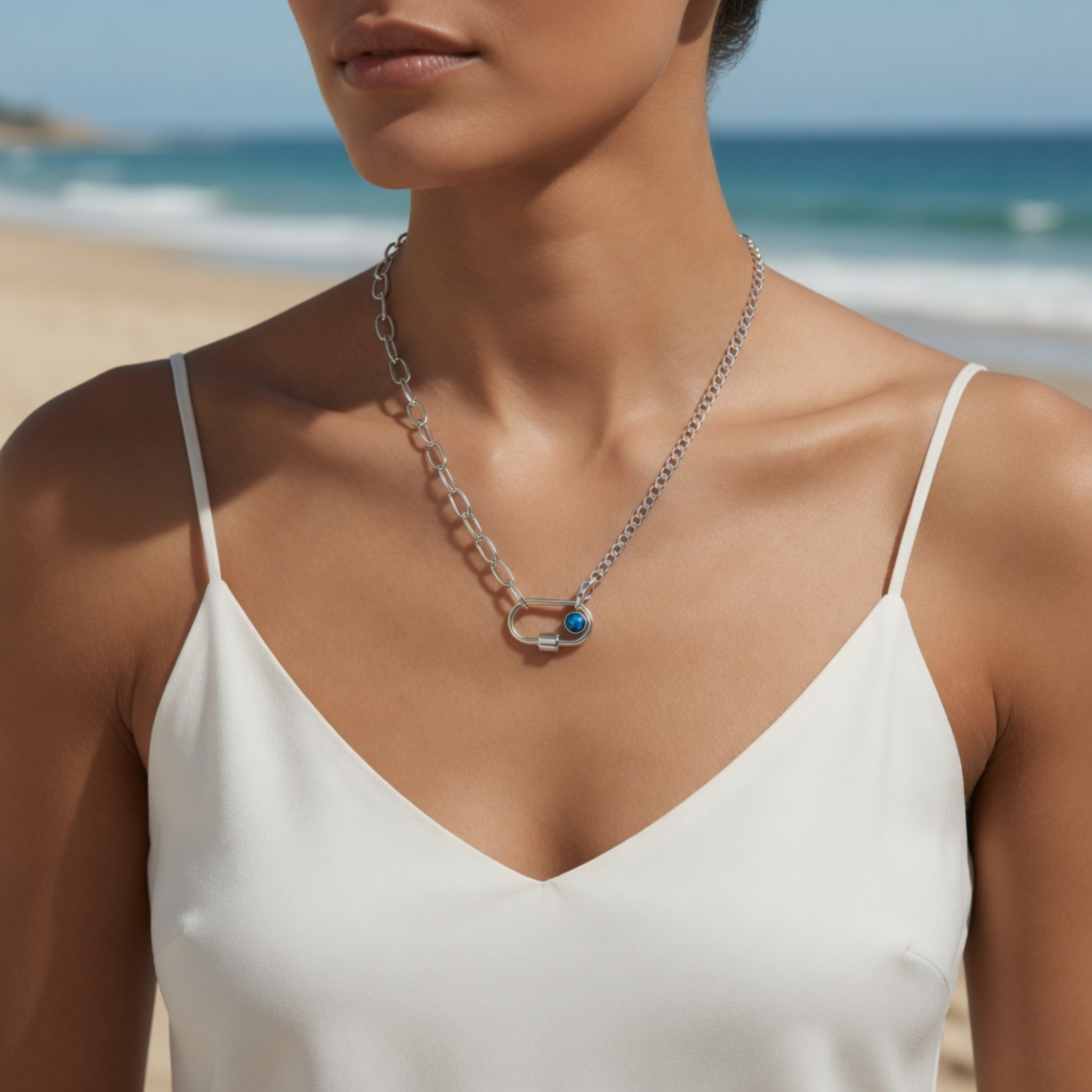 Nahaufnahme einer Frau am Strand mit einer silbernen Karabiner-Halskette und blauem Schmuckstein. Sie trägt ein weißes Spagettitop vor der Kulisse von Sand und blauem Meer.