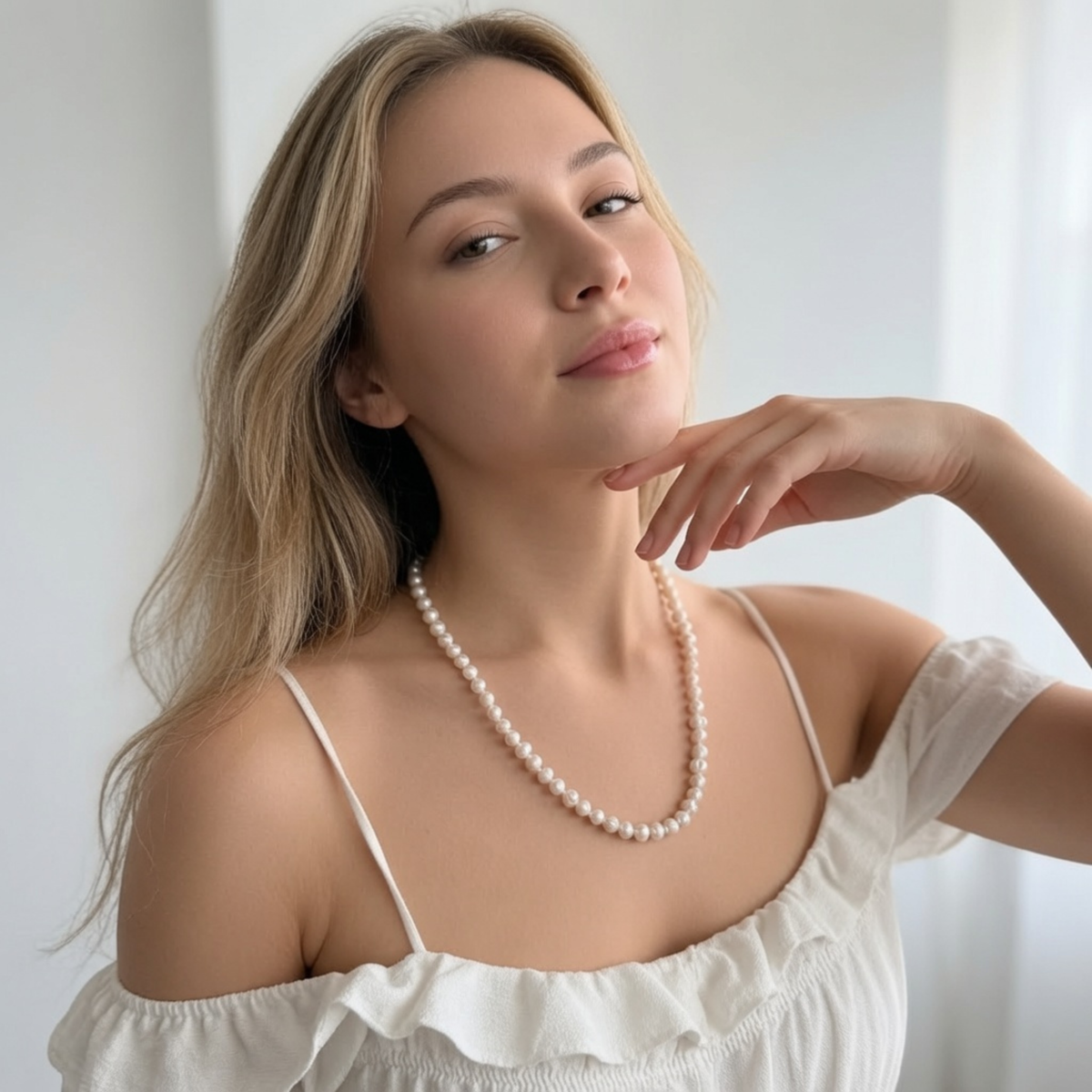 Elegante weiße Süßwasserperlenkette an einem Model mit hellem schulterfreien Oberteil getragen.