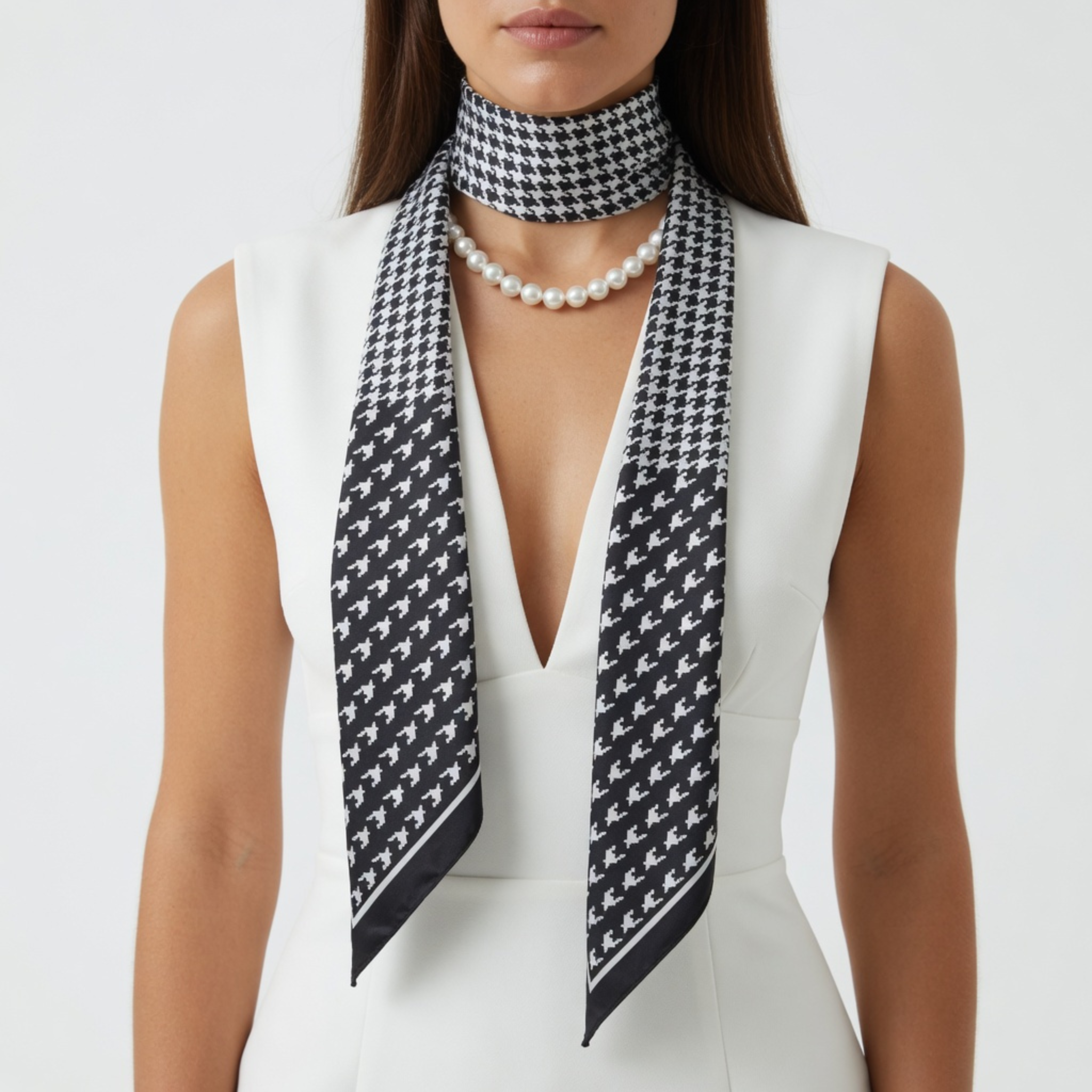 Ein schmales Bandana mit Hahnentritt-Muster in verschiedenen Skalierungen, getragen als Choker-Wicklung mit einer Perlenkette zu einem eleganten weißen Kleid.