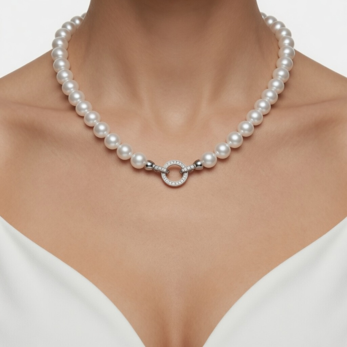 Porträtansicht einer Frau mit der weißen Perlenkette vor einem schlichten weißen Hintergrund. Die Kette schmiegt sich perfekt an den Hals an und betont den eleganten V-Ausschnitt des Oberteils.