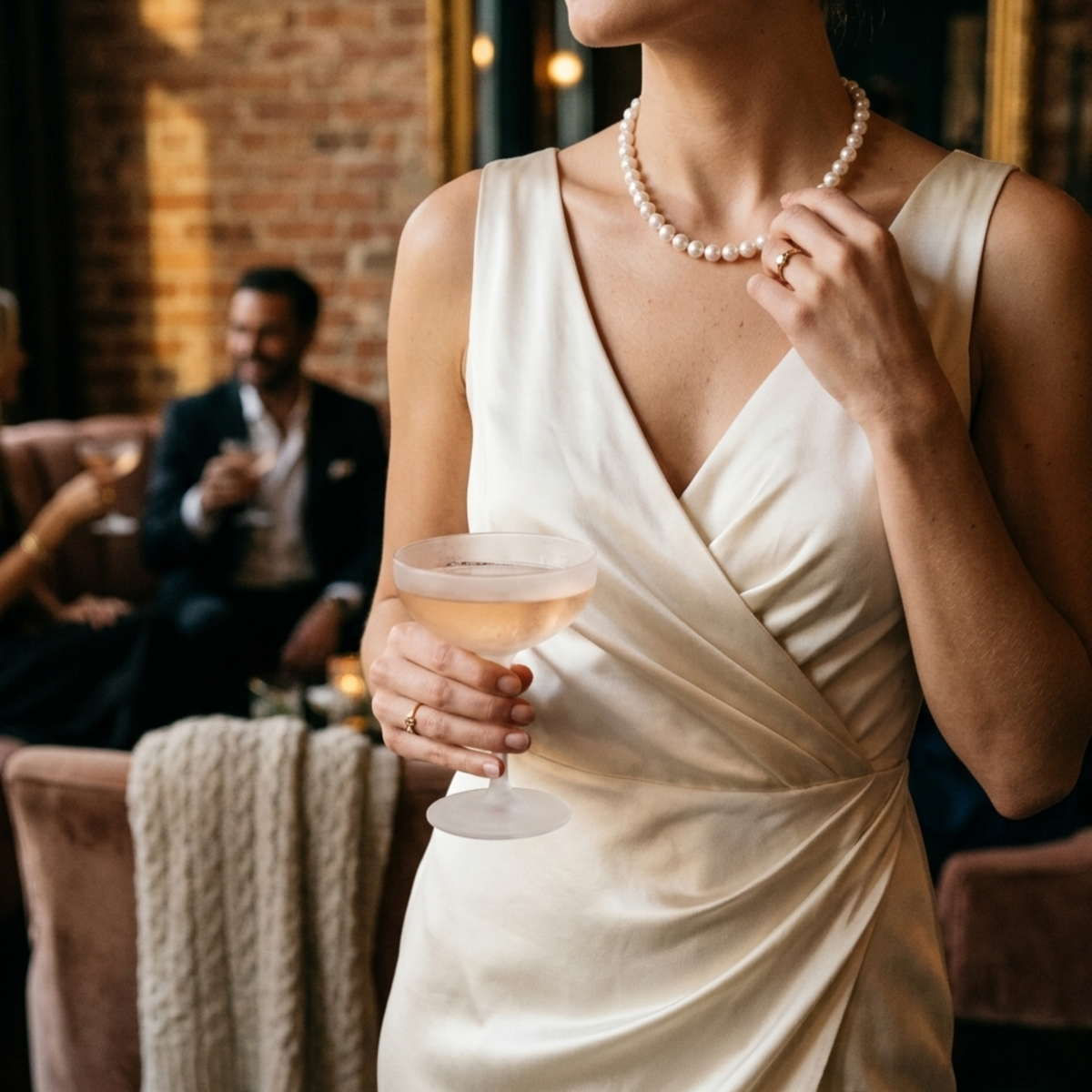 Kurze weiße Perlenkette, elegant getragen zu hellem Kleid in warmer Abendstimmung