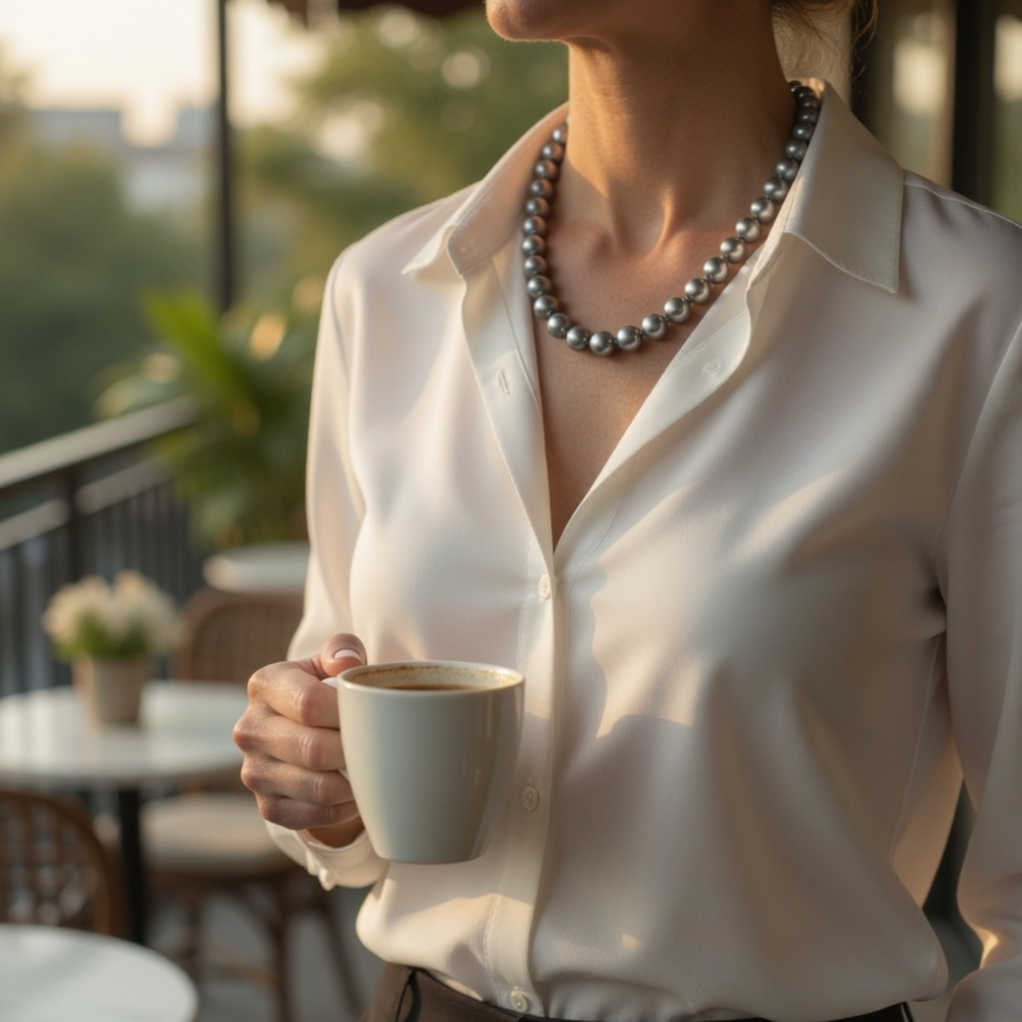 Lifestyle-Aufnahme einer Frau mit einer großen grauen Perlenkette und einer weißen Bluse, die im warmen Abendlicht auf einem Balkon steht und eine Kaffeetasse hält.