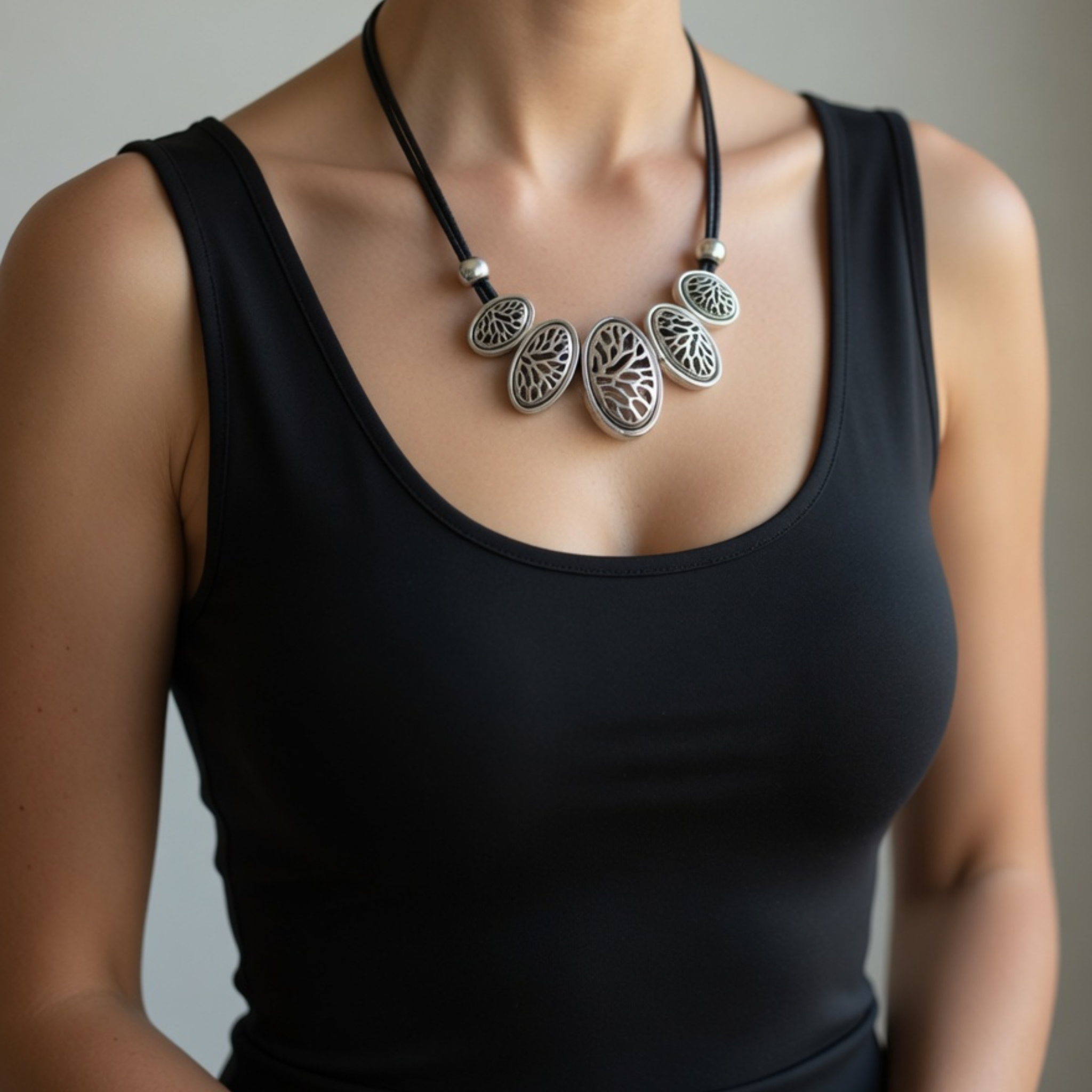 Nahaufnahme einer Frau mit der silbernen Gliederkette und schwarzen Schnüren auf einem schwarzen Tanktop.