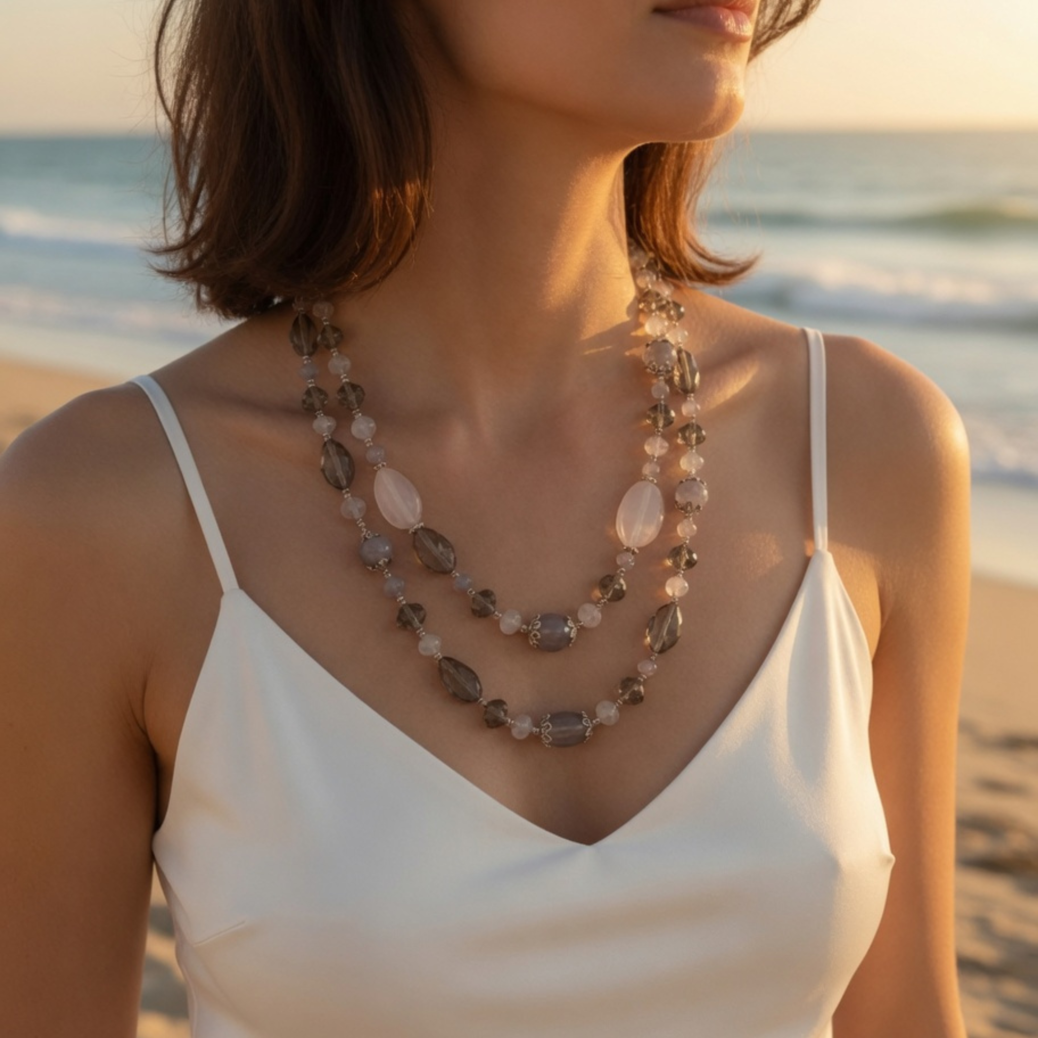 Eine Frau am Sandstrand bei Sonnenuntergang, die die zweireihige graue Perlenkette zu einem weißen Top mit schmalen Trägern trägt.