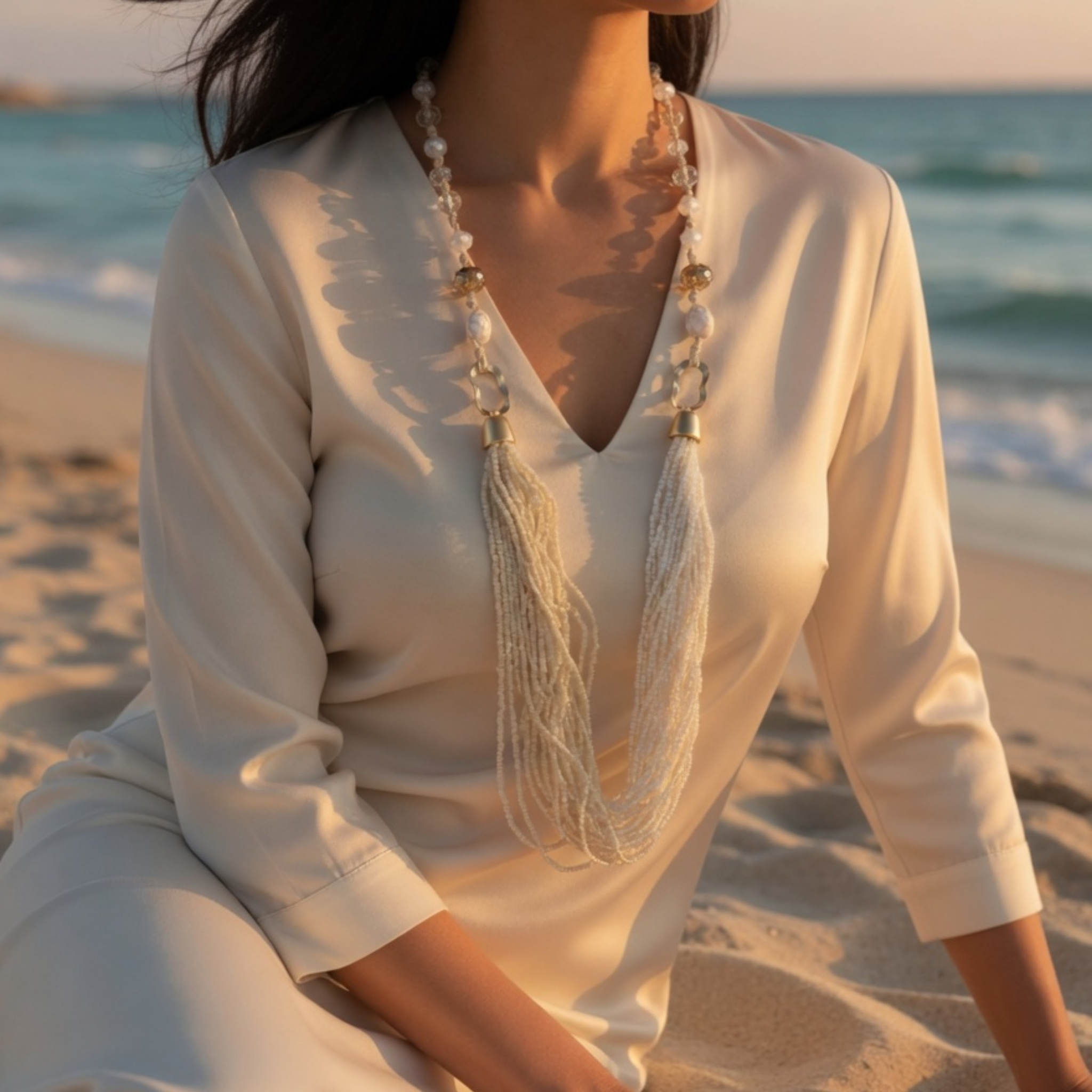 Halbprofil einer Frau, die in einem eleganten, cremefarbenen Kleid im Sand am Strand sitzt und eine lange, mehrreihige Perlen-Statement-Kette mit goldfarbenen Details präsentiert.