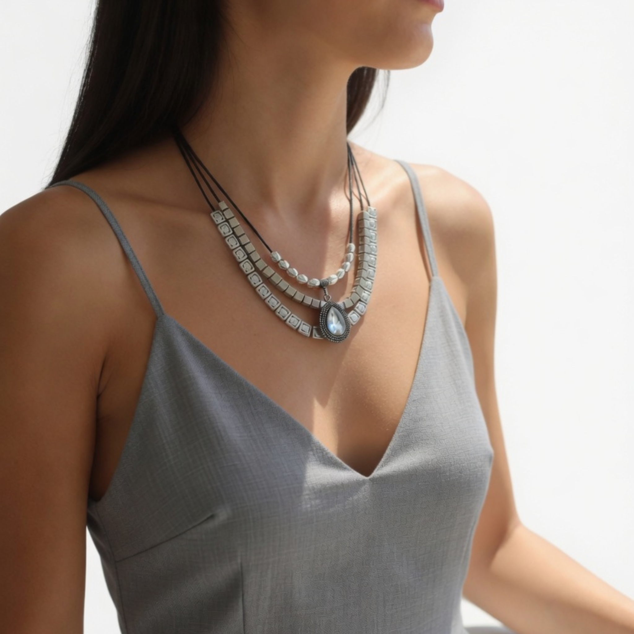 Die silberne Kette mit Kristall-Details, getragen am Dekolleté einer Frau in einem grauen Trägertop vor hellem Hintergrund.