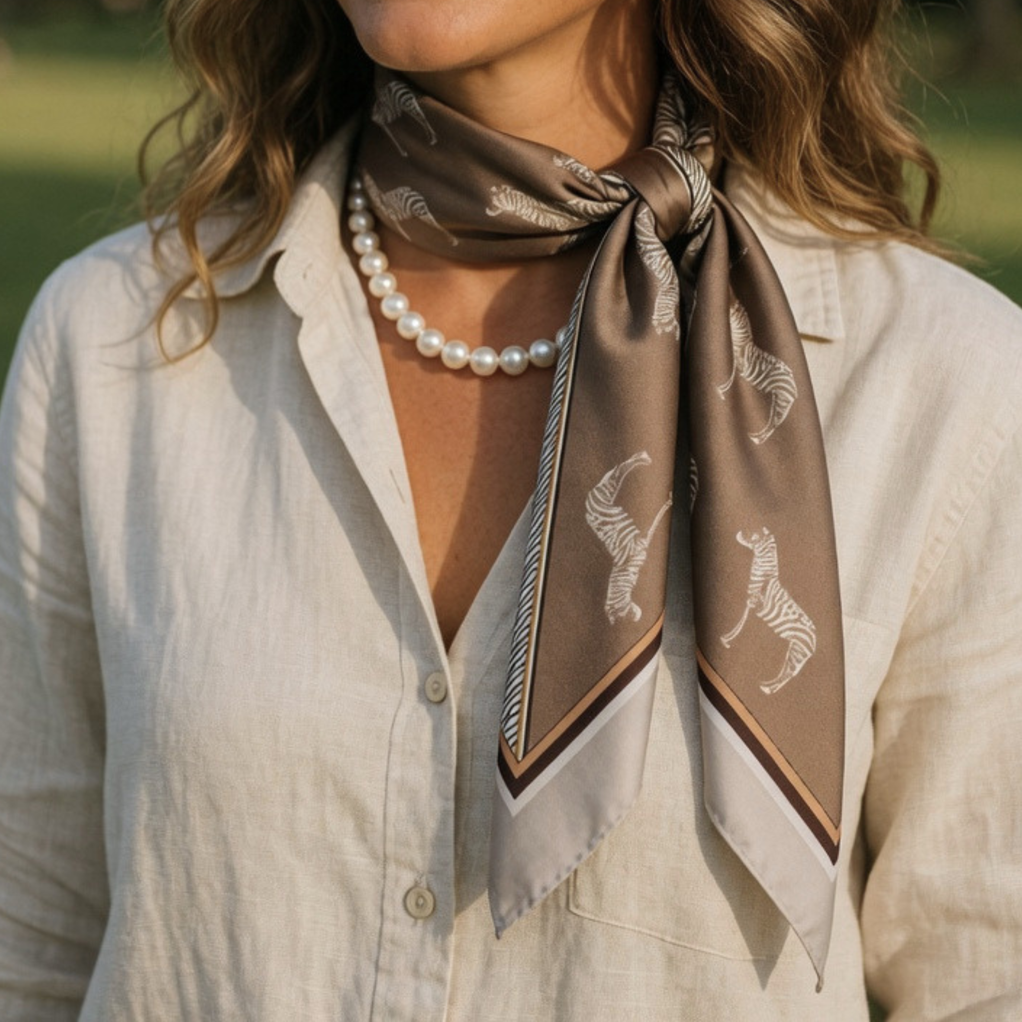 Elegantes Detail-Styling: Geknotetes Seidentuch mit Zebra-Motiv getragen zu einer Perlenkette und Leinenbluse.
