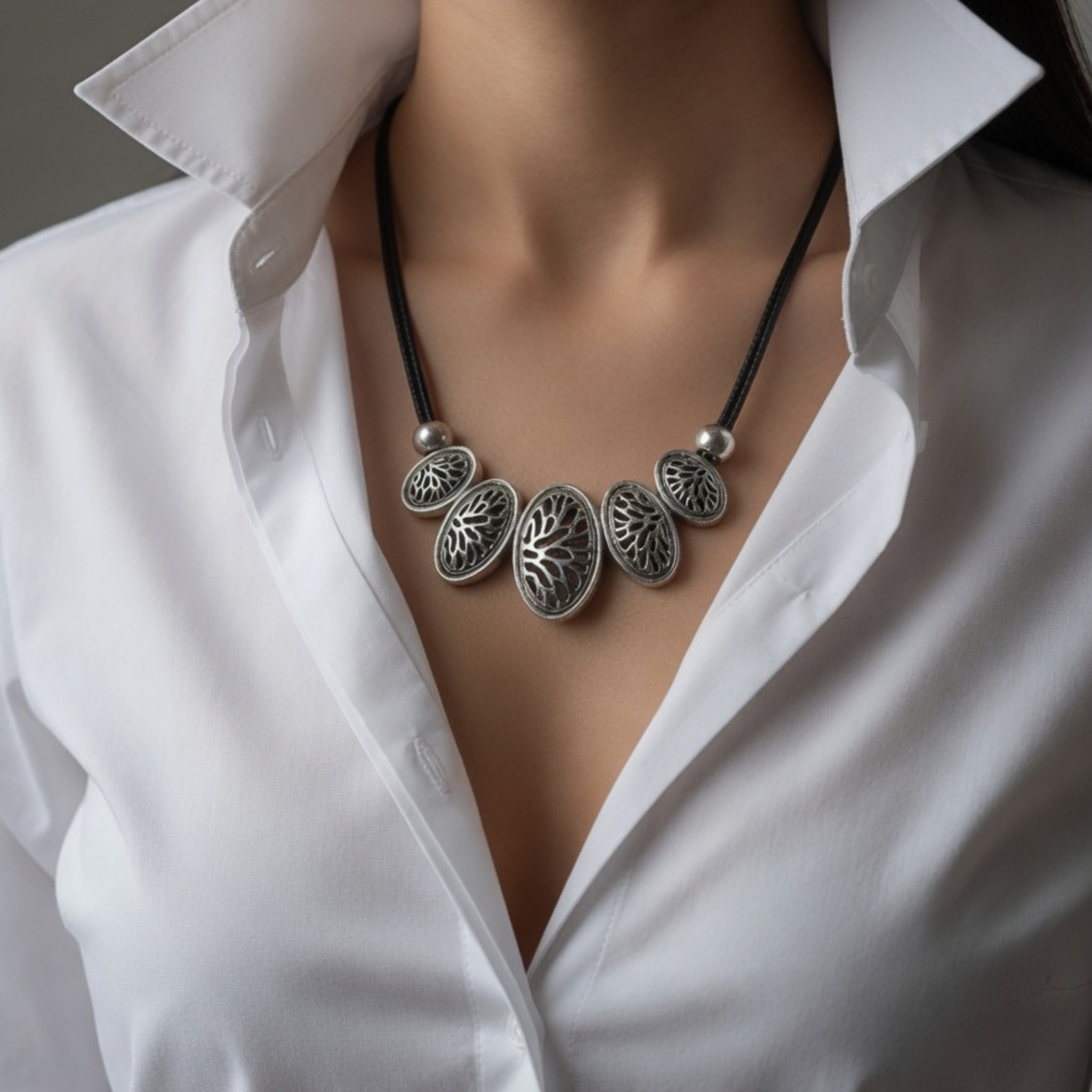 Statement Kette Altsilber Optik mit schwarzer Kordel für Frauen