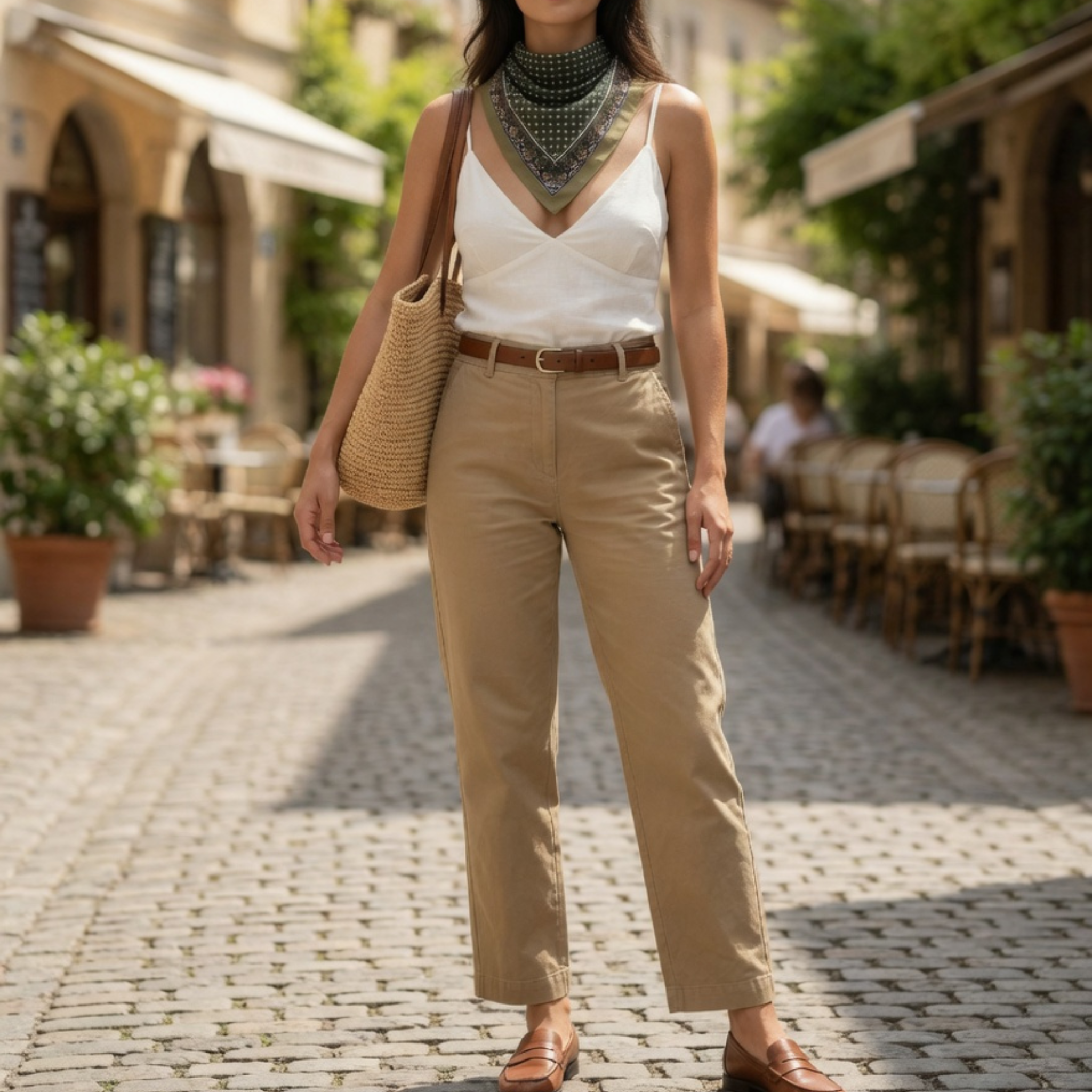 Lifestyle-Foto eines sommerlichen Outfits in einer mediterranen Altstadt. Ein Model trägt das olivgrüne Halstuch zum weißen Top, beigen Chinos, braunen Loafers und einer Korbtasche. Das Accessoire setzt einen farbigen Akzent im warmen Sonnenlicht.