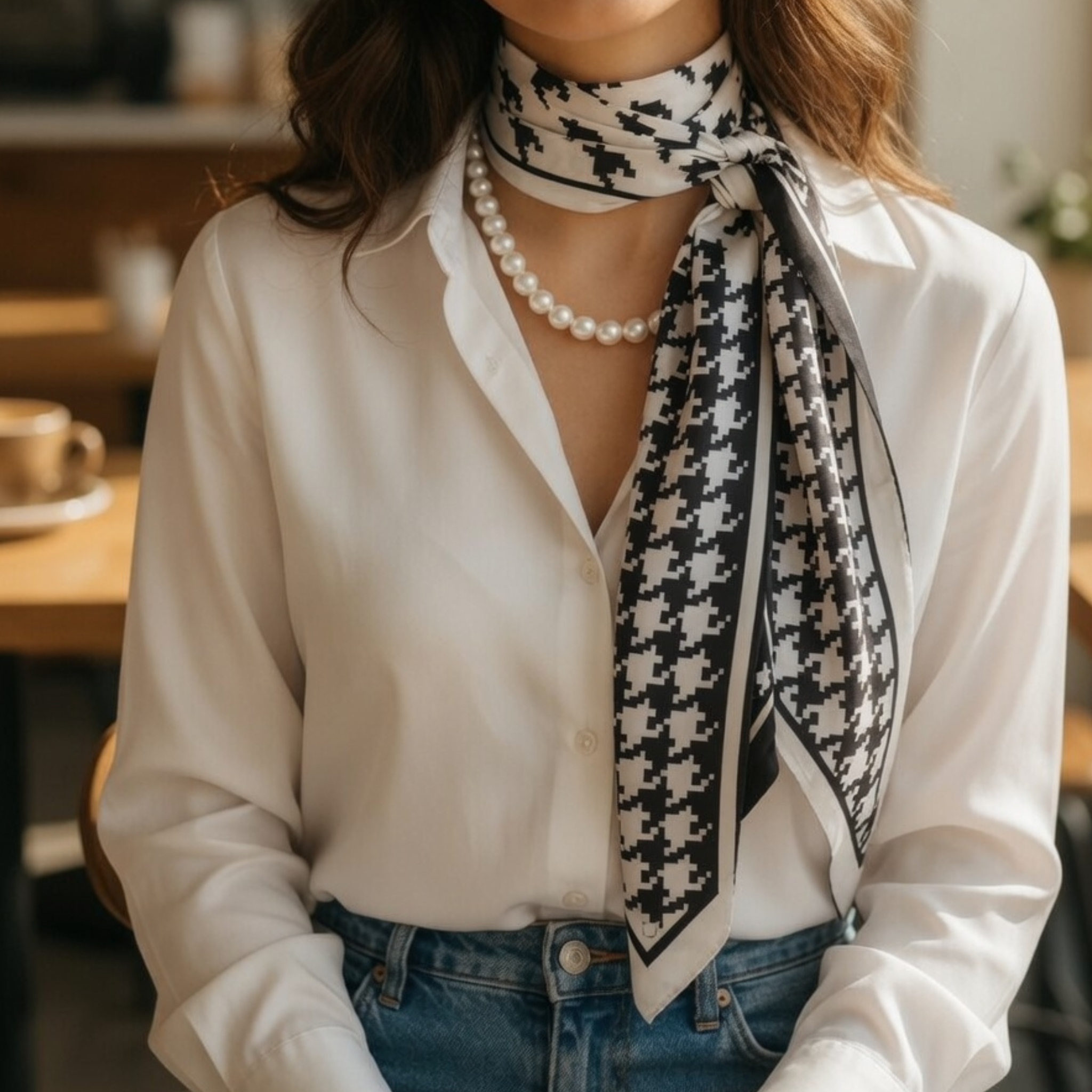 lifestyle-outfit-damen-halstuch-hahnentritt-bluse-jeans.jpg
Alt-Text: Eine Frau sitzt in einem Café und trägt das schwarz-weiße Hahnentritt-Halstuch geknotet zu einer weißen Bluse, Perlenkette und blauer Jeans.