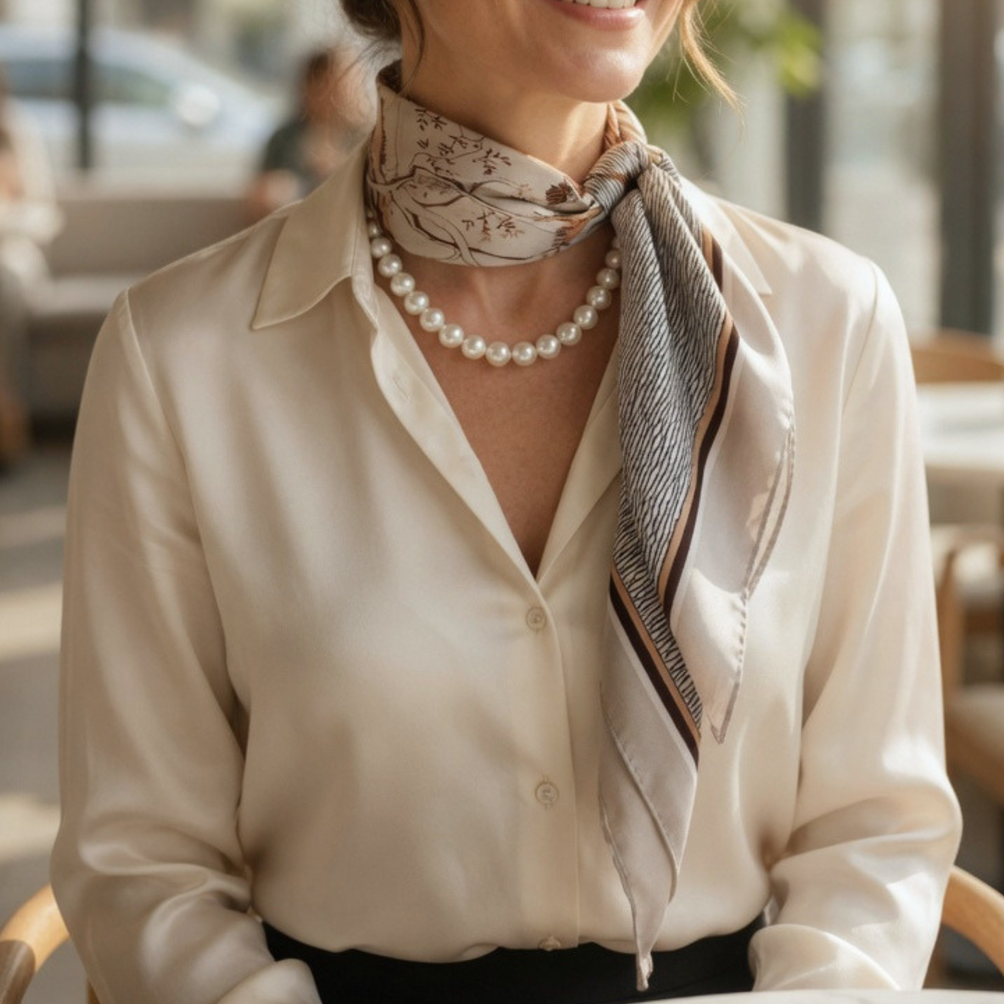 Porträt einer Frau im Café mit dem Seidentuch seitlich geknotet, kombiniert mit Perlenkette und cremefarbener Seidenbluse.
