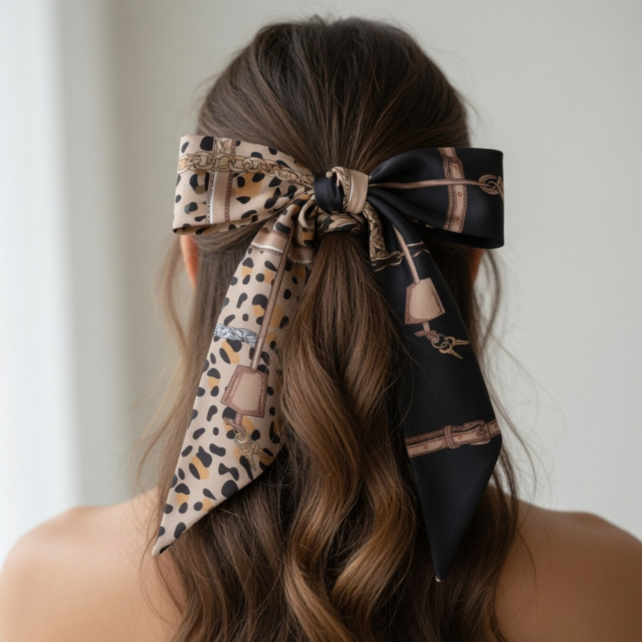Rückansicht eines Models, bei dem das schmale Halstuch als Haarschmuck verwendet wird. Es ist zu einer großen Schleife um einen tiefen Pferdeschwanz gebunden. Die Kombination aus Leoparden-Print und der schwarzen Seite mit Goldmotiven setzt einen modischen Akzent im braunen Haar.