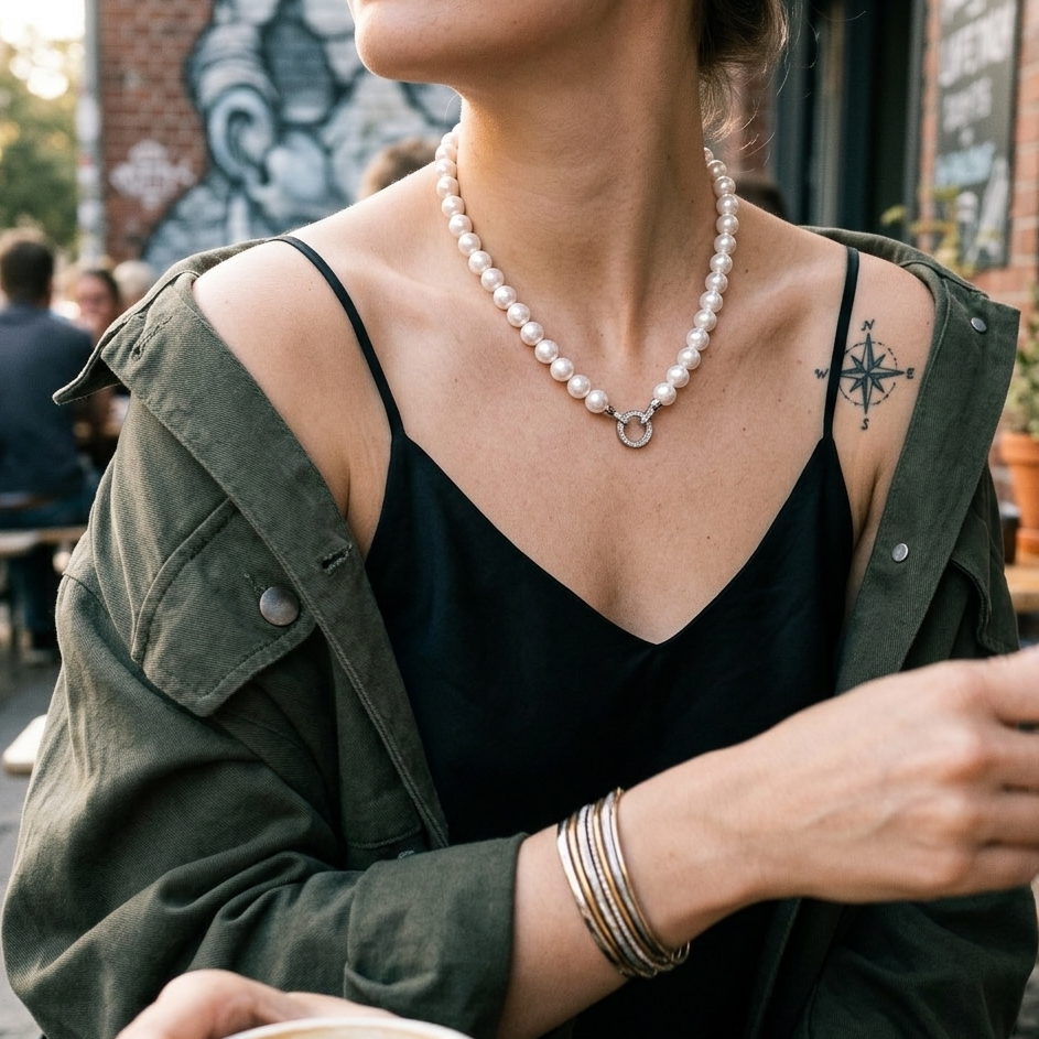 Weiße Perlenkette mit silberfarbenem Ringdetail, getragen zu schwarzem Top und grüner Jacke