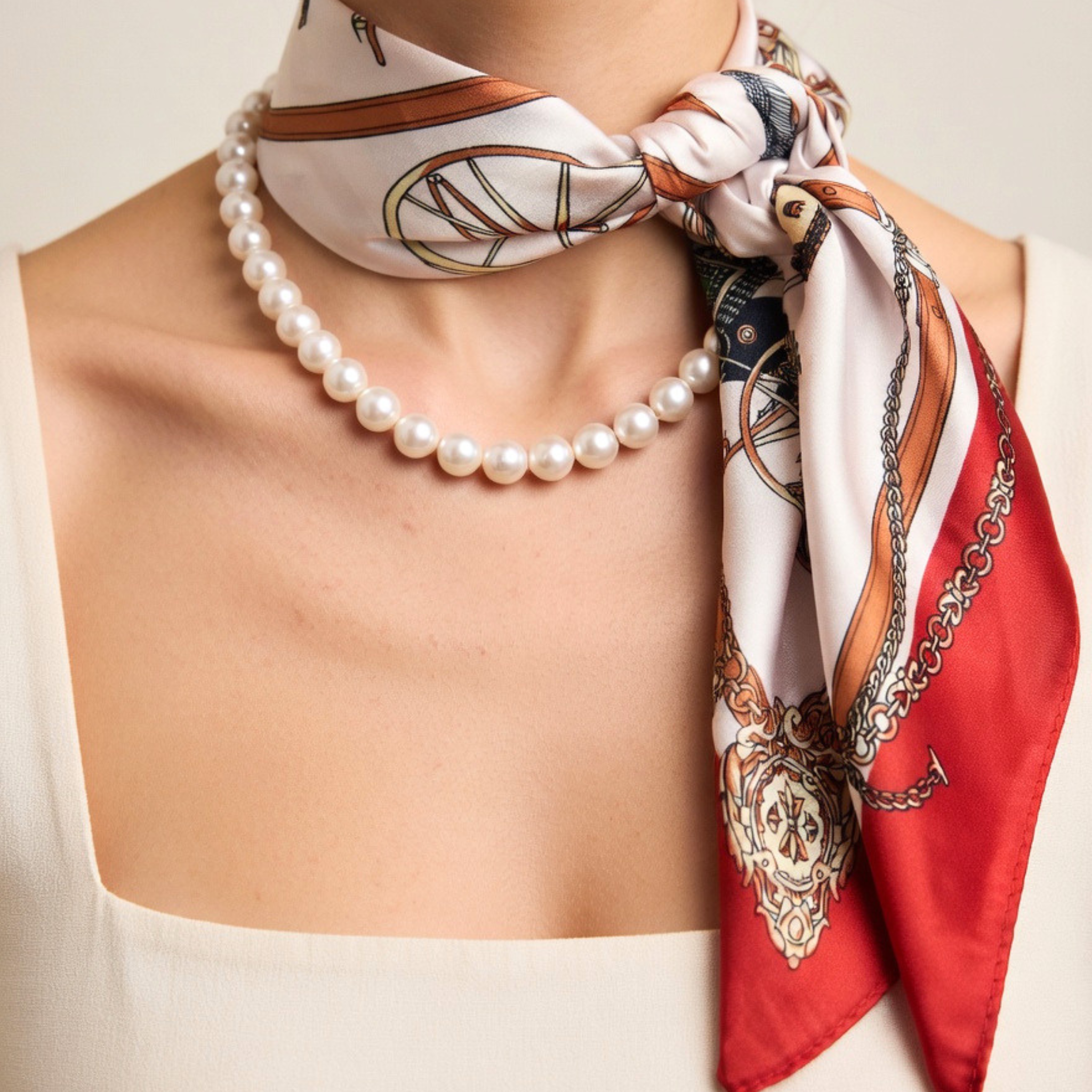 Modische Kombination: Bedrucktes Nickituch mit Kutschen-Motiv und eleganter Perlenkette am Hals.
