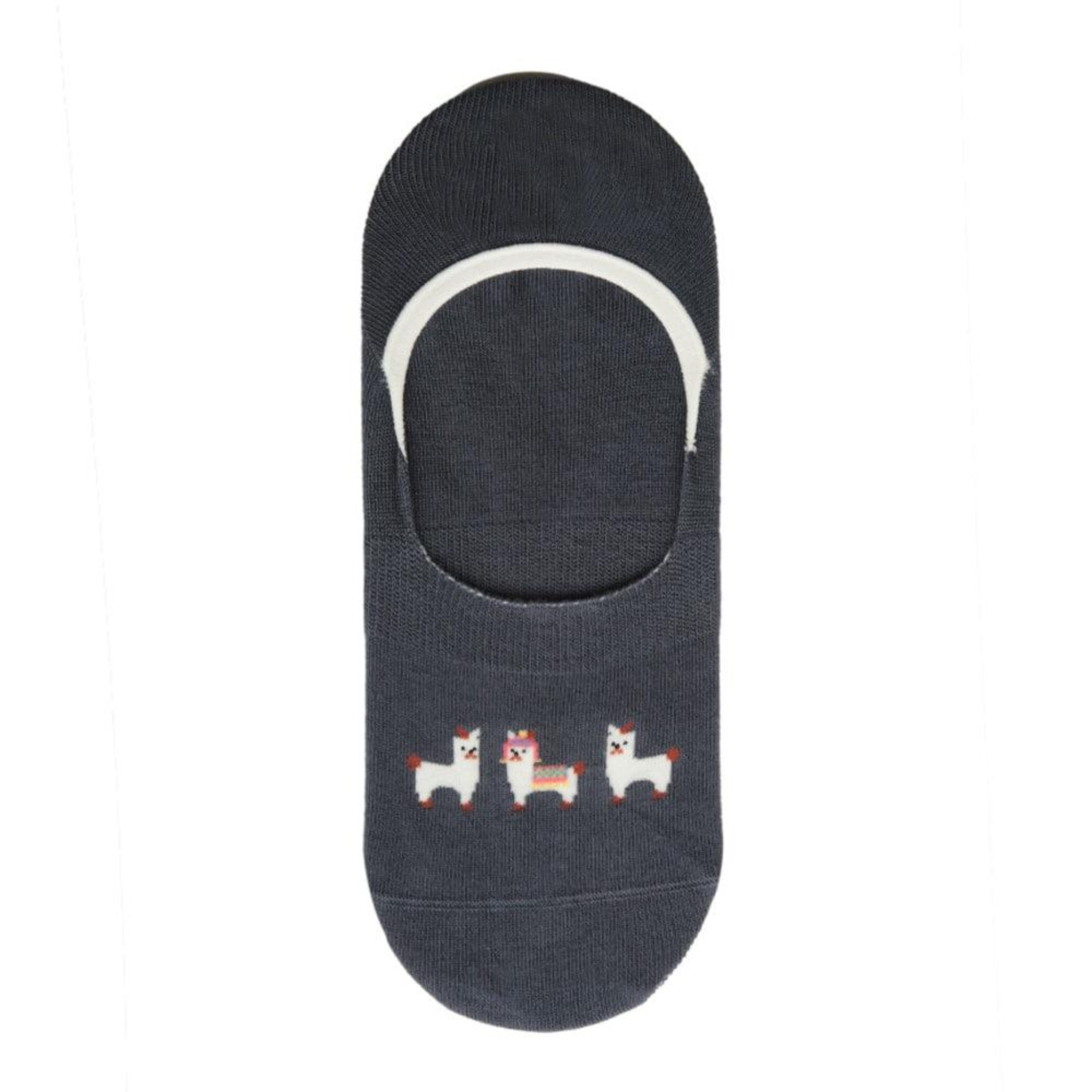 Ein einzelner dunkelgrauer Füßling (No-Show-Socke) in der Draufsicht. Die Socke hat einen weißen, elastischen Rand und ist auf dem Spann mit drei kleinen, weißen Lamas bestickt, wobei das mittlere Lama eine bunte Decke träg