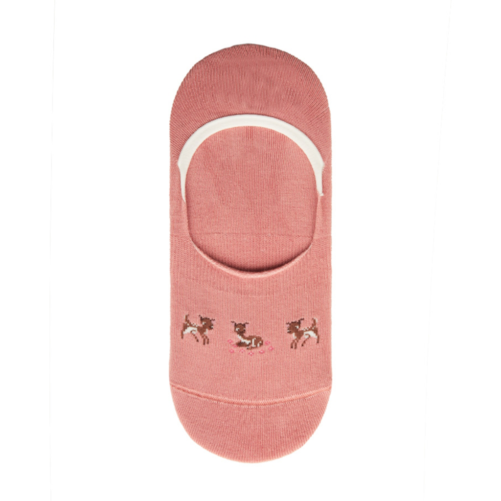 Niedliche rosa Ballerina-Socken mit detailreichen Reh-Stickereien. Diese Füßlinge kombinieren hohen Tragekomfort mit einem verspielten Waldtier-Design, ideal für Sneaker und Halbschuhe