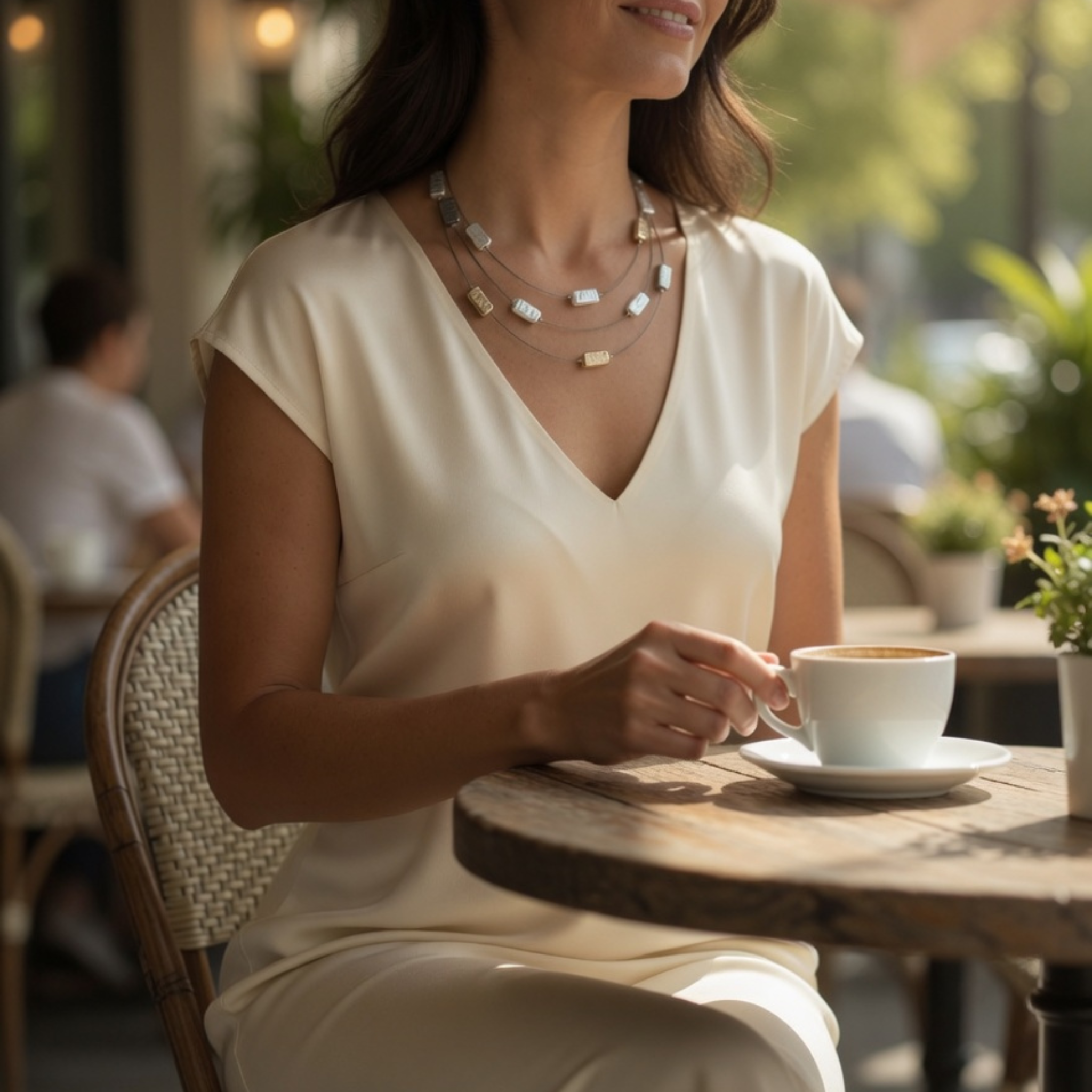 Lächelnde Frau im Café-Ambiente, aufgenommen von der Seite. Sie trägt eine filigrane, dreireihige Collier-Kette mit rechteckigen Plättchen in Bicolor-Optik zu einem hellen V-Ausschnitt-Top.