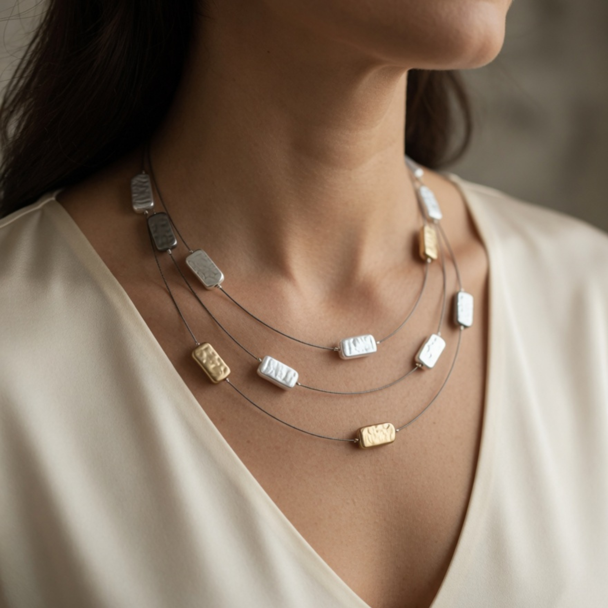 Seitenansicht des Dekolletés einer Frau in einer cremefarbenen Bluse mit V-Ausschnitt, die ein dreireihiges Edelstahl-Collier mit mattierten, rechteckigen Metallplättchen präsentiert.