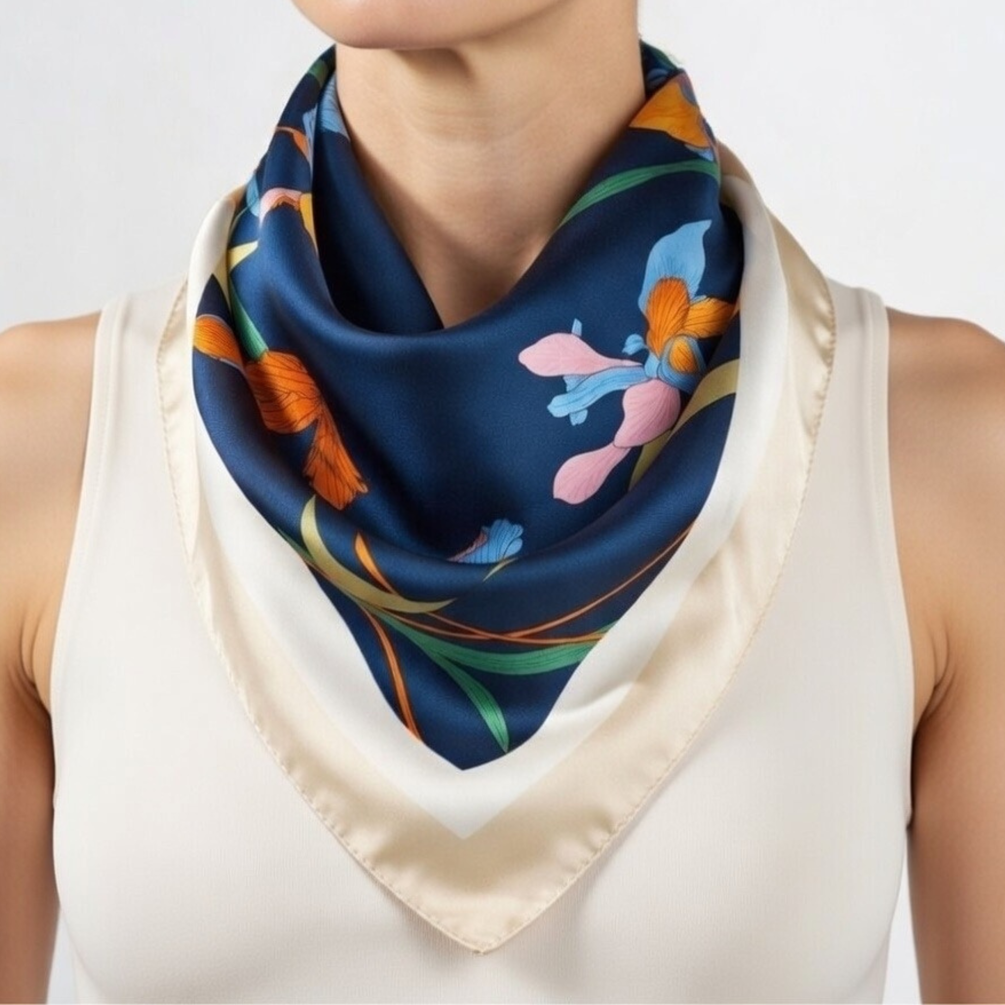 Nahaufnahme einer Frau, die ein luxuriöses Seidentuch in sattem Marineblau trägt. Das Tuch besticht durch großformatige, farbenfrohe Schwertlilien-Motive in Orange, Rosa und Blau mit grünen Akzenten. Ein breiter, cremefarbener Kontrastrand rahmt das florale Design elegant ein
