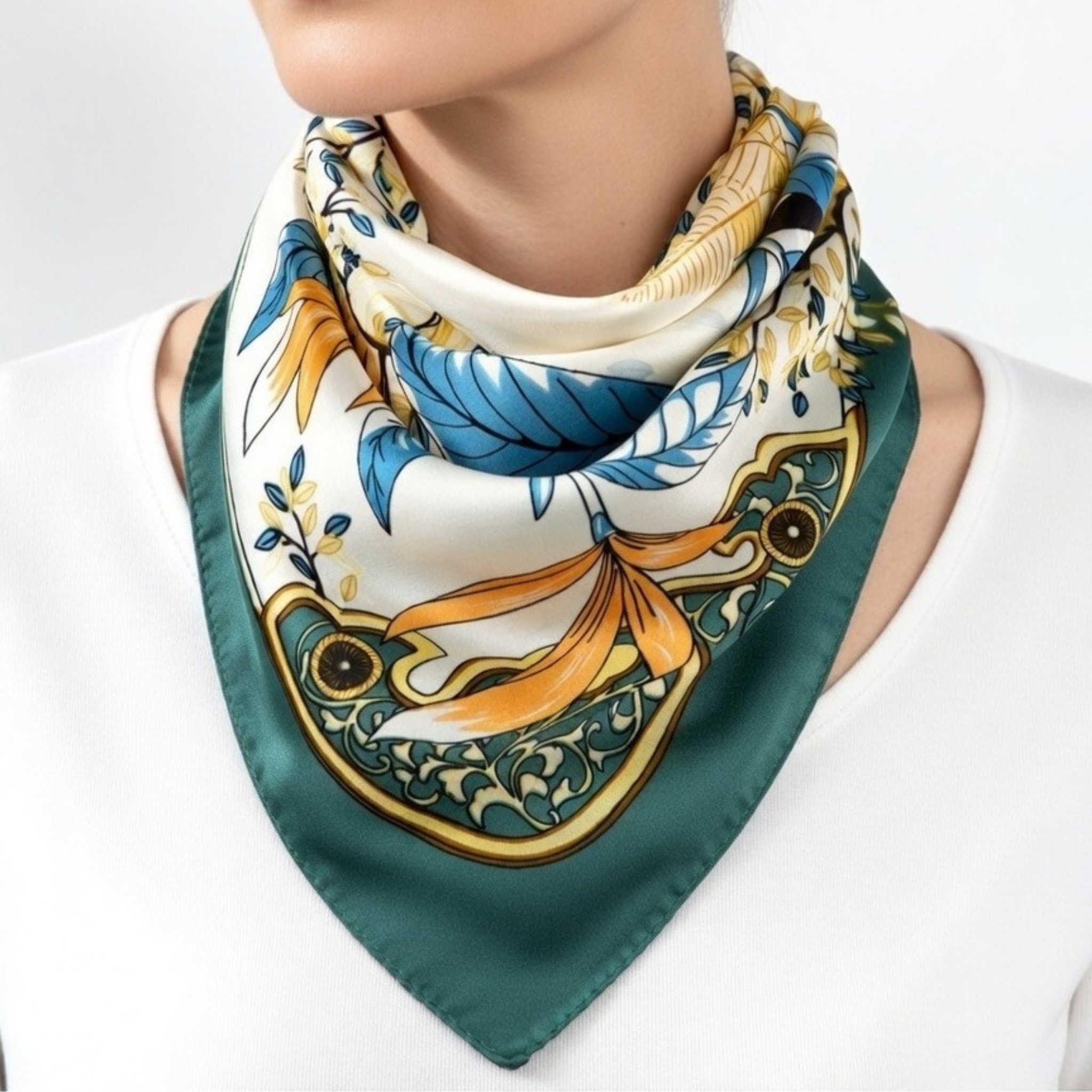 Nahaufnahme eines luxuriösen Seidentuchs in Cremeweiß mit einem kunstvollen floralen und orientalischen Muster in Smaragdgrün, Blau und Orange. Das Tuch ist elegant um den Hals drapiert und zeigt detaillierte botanische Elemente und Ornamente.