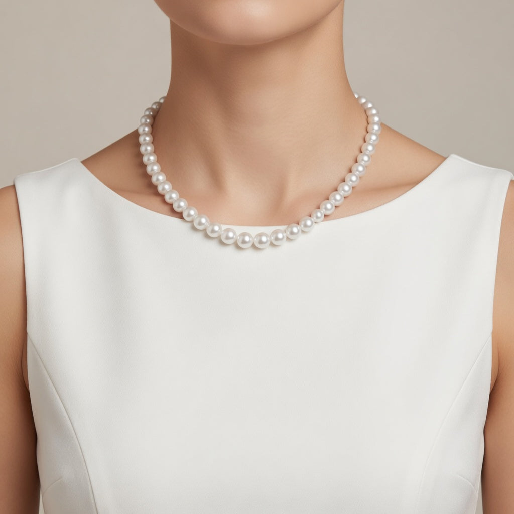 Porträt einer Frau mit einer weißen Perlenkette, kombiniert mit einem schlichten weißen Oberteil für einen zeitlosen, eleganten Look.