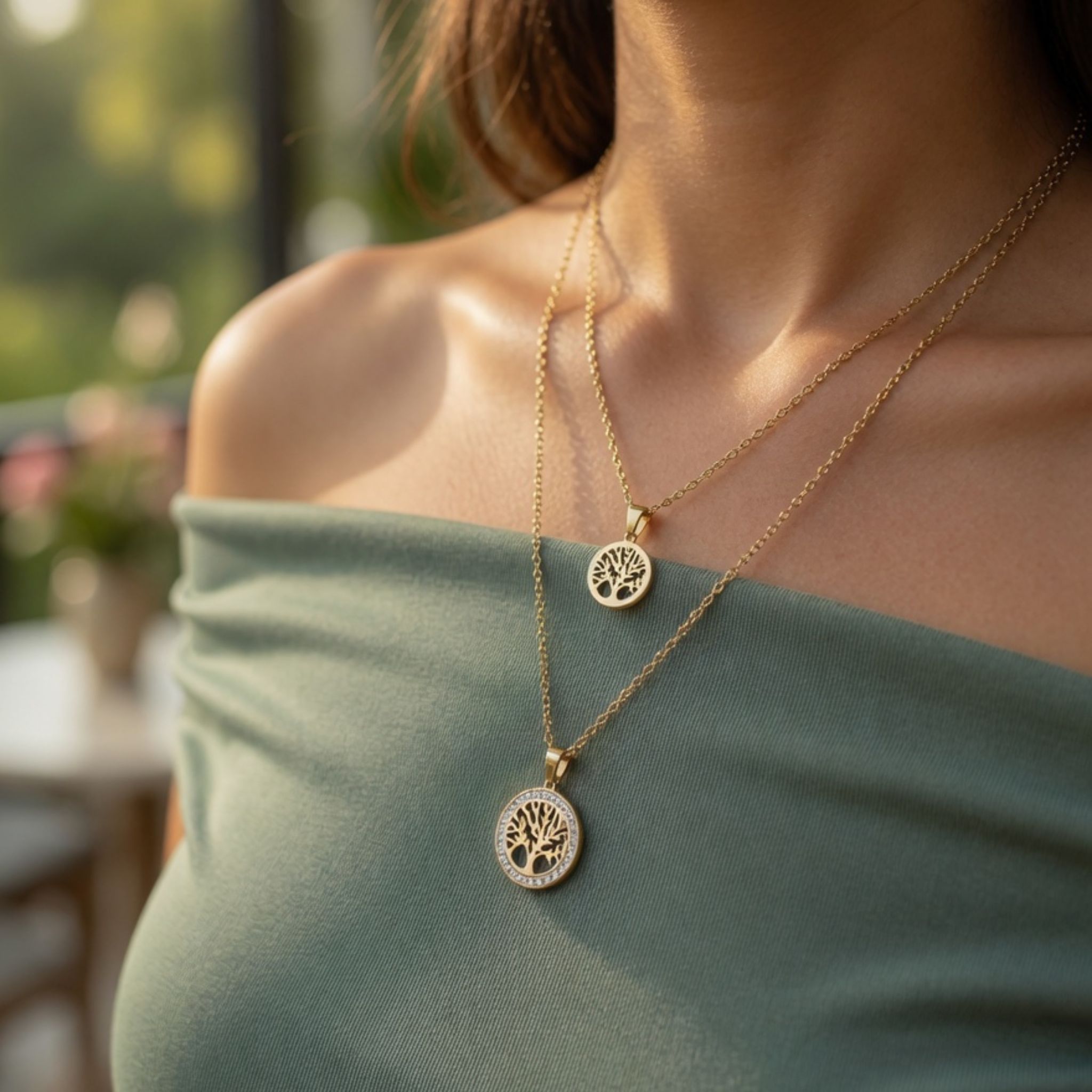 Stimmungsvolle Lifestyle-Aufnahme einer Frau, die das goldene Lebensbaum-Ketten-Set zu einem schulterfreien grünen Top trägt; der größere Anhänger mit Zirkonia-Besatz glänzt im warmen Sonnenlicht.