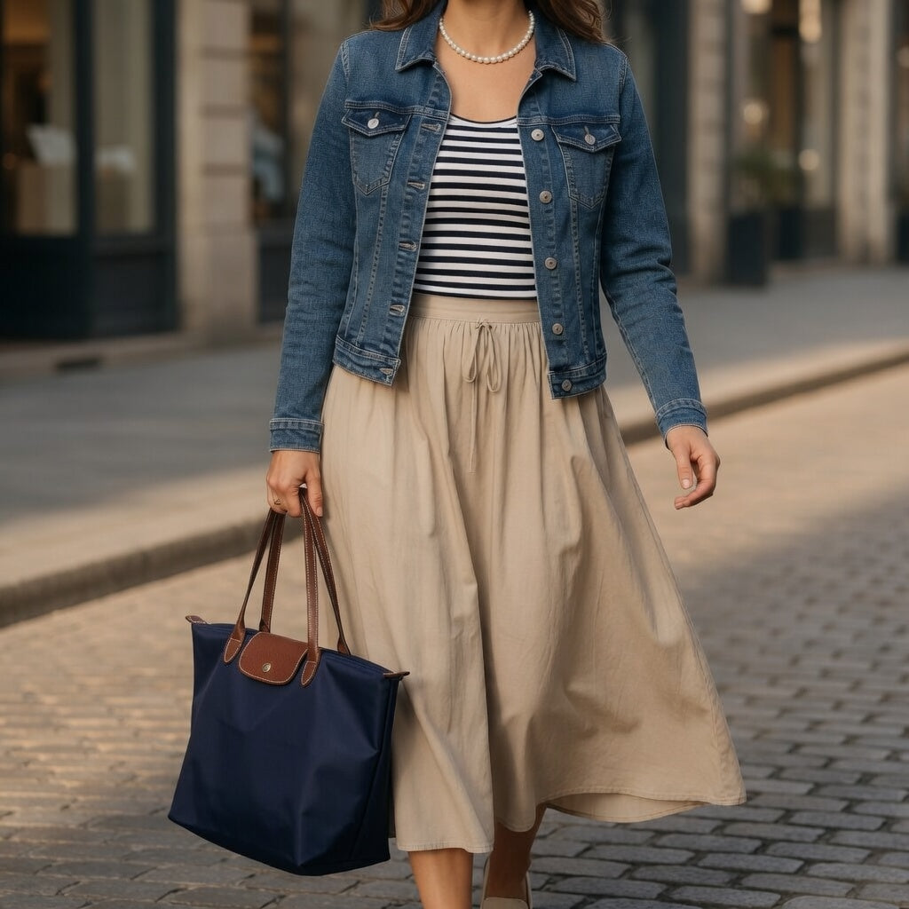 Eine Frau geht in einem Freizeit-Outfit über Kopfsteinpflaster; sie trägt die Perlenkette zu einer Jeansjacke, einem Streifenshirt und einem langen beigen Rock.