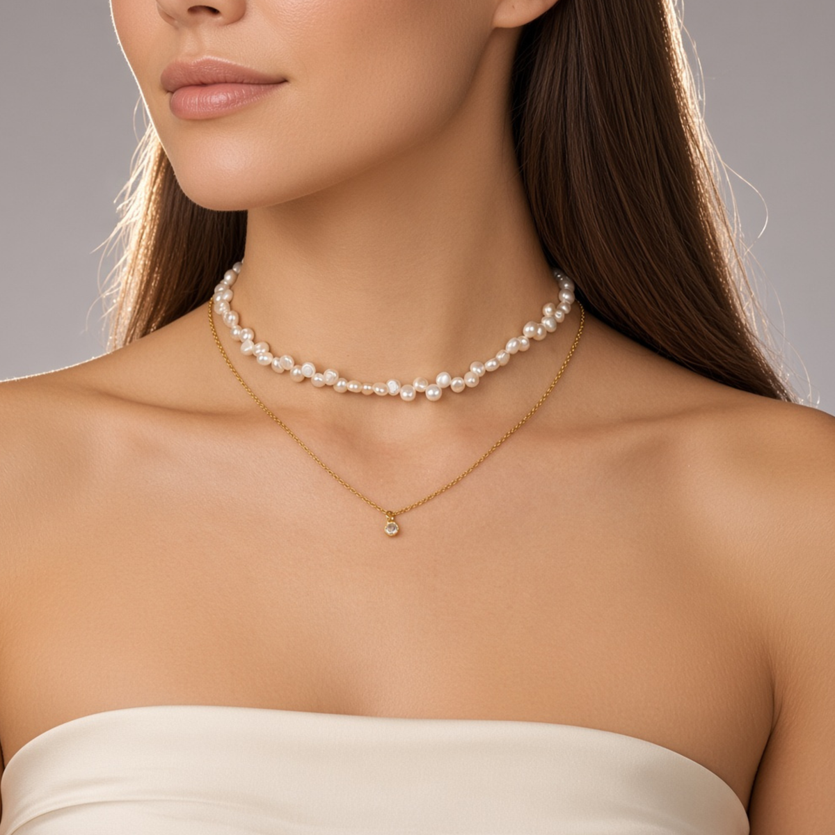Zarte Choker-Kette aus unregelmäßigen Süßwasserperlen kombiniert mit feiner goldener Halskette – Glamorista Schmuck.Zarte Choker-Kette aus unregelmäßigen Süßwasserperlen kombiniert mit feiner goldener Halskette – Glamorista Schmuck