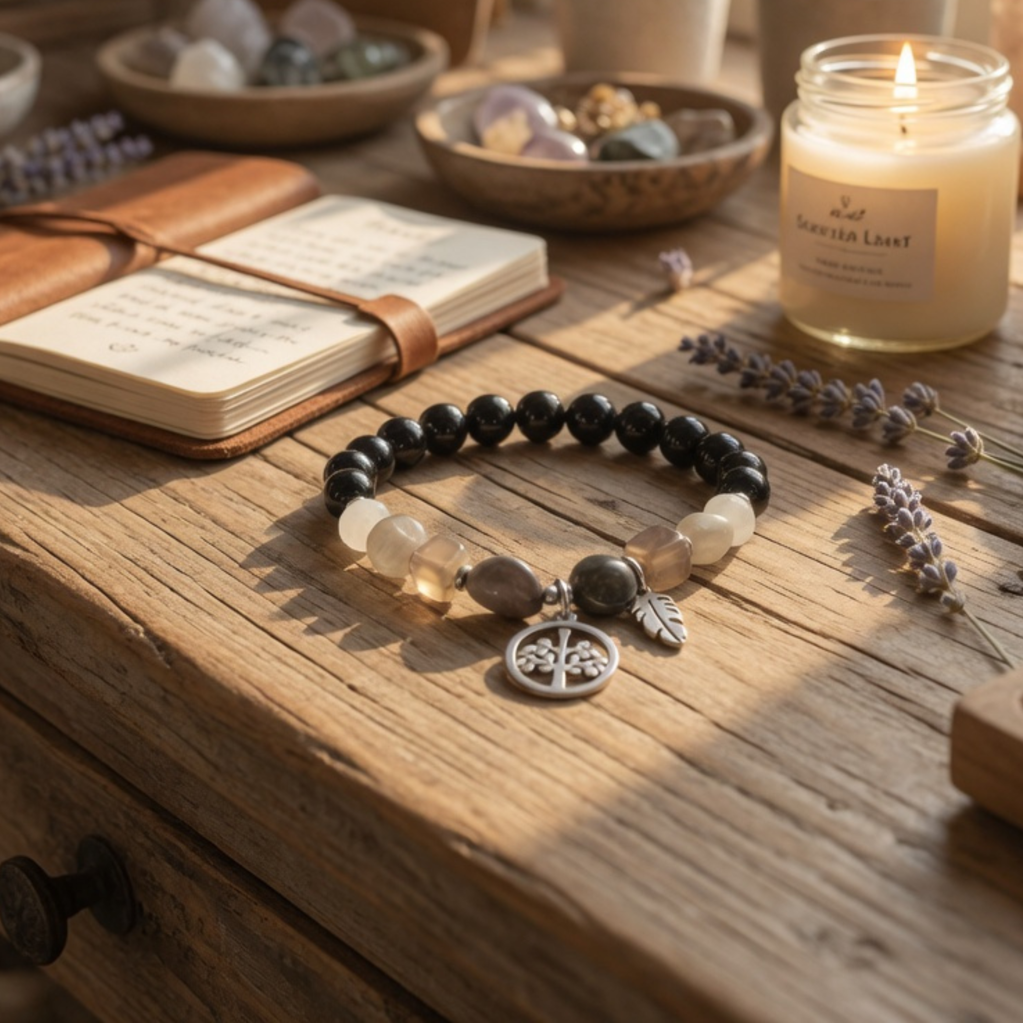 Silbernes Perlenarmband mit schwarzen Onyx-Steinen, grauen und weißen Akzentperlen auf einem rustikalen Holztisch. Die silbernen Anhänger zeigen einen Lebensbaum und eine Feder. Im Hintergrund eine brennende Kerze, Lavendel und Notizbuch in warmem Sonnenlicht