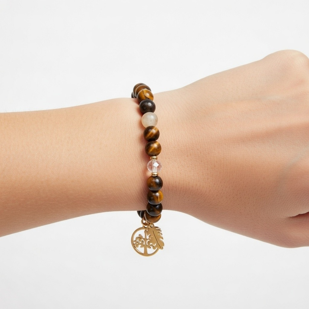 Nahaufnahme eines Perlenarmbands am Handgelenk. Die Komposition zeigt braun gemaserte Tigerauge-Perlen, kombiniert mit einzelnen hellen Akzentperlen und zwei goldenen Anhängern: einem Lebensbaum-Symbol und einer detaillierten Feder. Hochwertiger Edelsteinschmuck für Damen vor hellem Hintergrund
