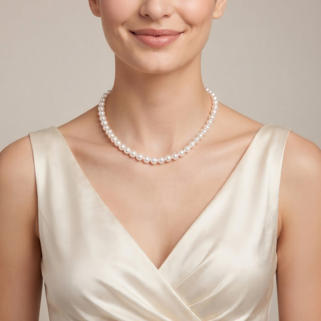 Nahaufnahme einer Frau, die eine klassische weiße Perlenkette zu einem eleganten, cremefarbenen Abendkleid aus Seide trägt.