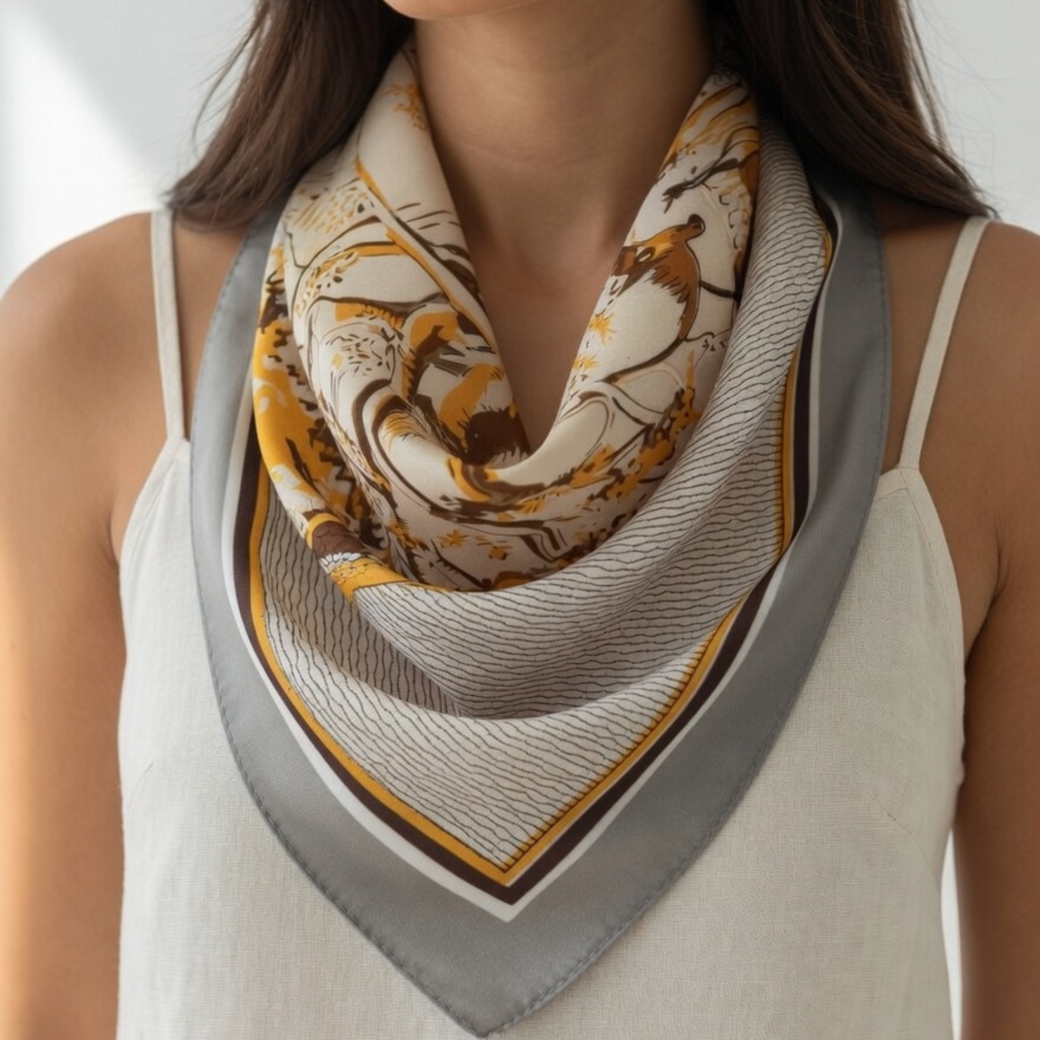 Elegantes Vierecktuch in Grau und Ocker mit einem abstrakten Natur- oder Vogel-Print. Das Tuch ist vorne spitz zulaufend drapiert und zeigt feine Wellenlinien und Kontraststreifen am Rand – perfekt für ein Business-Outfit.