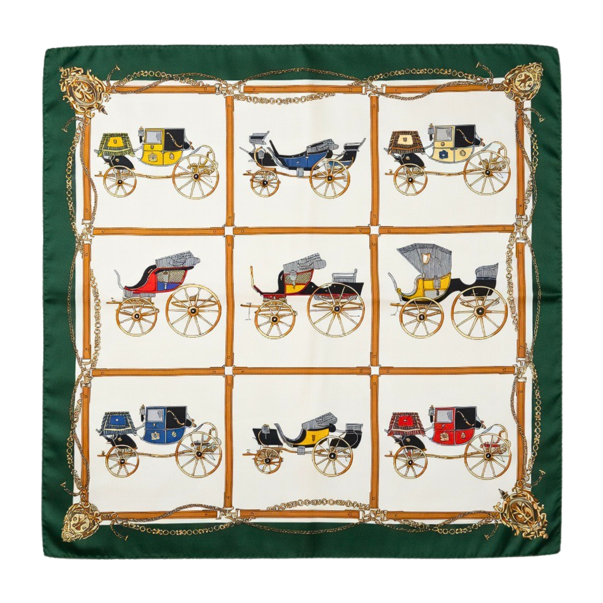 Ein quadratisches Seidentuch flach ausgelegt auf weißem Hintergrund. Das Tuch hat einen breiten, dunkelgrünen Rand mit goldenen Wappen in den Ecken. Das weiße Mittelfeld ist in neun Quadrate unterteilt, in denen jeweils verschiedene antike Pferdekutschen in Farben wie Gelb, Blau und Rot abgebildet sind. Goldene Kettenelemente umrahmen das zentrale Design.
