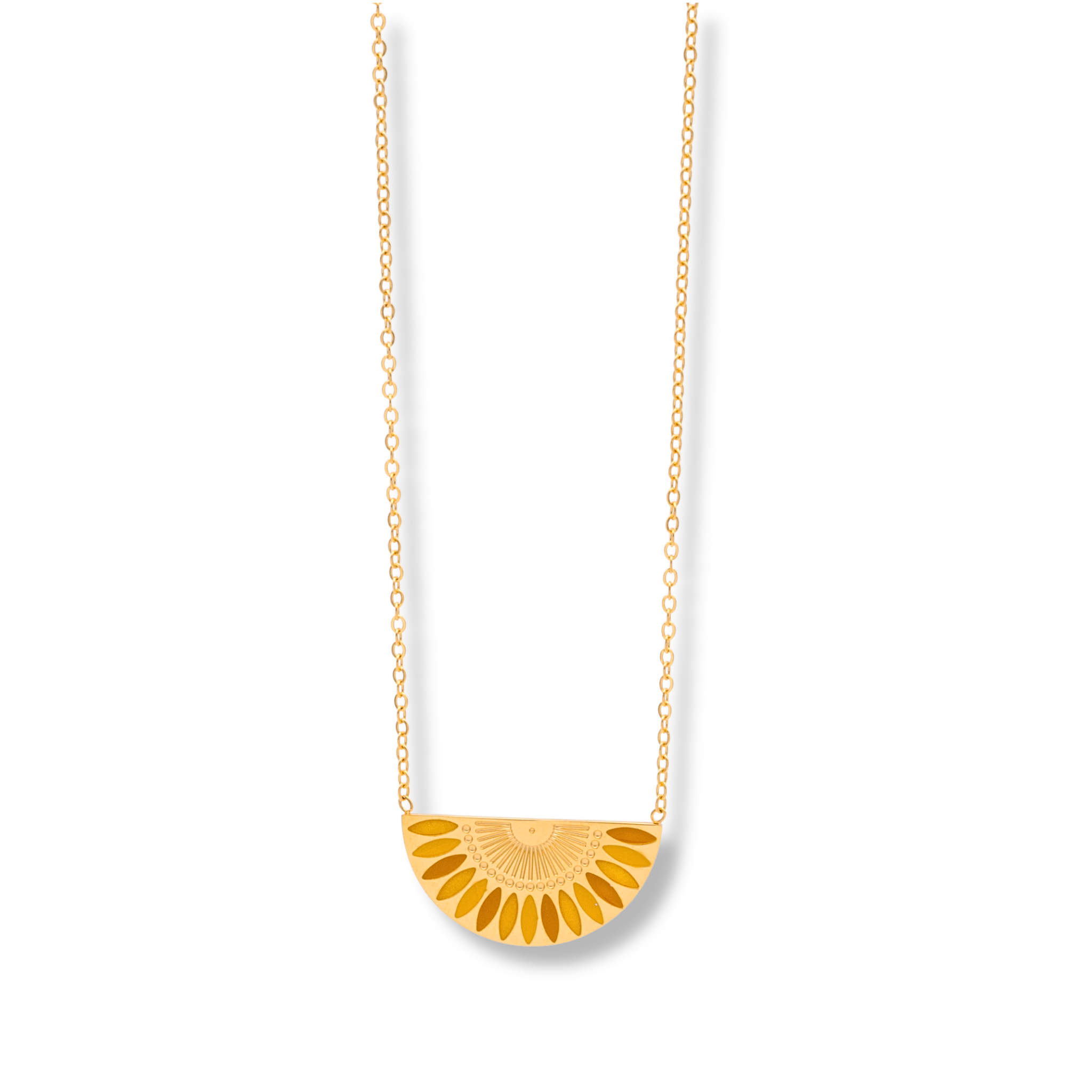 Sunset Kette aus Edelstahl in Gold, eleganter Halbkreis-Anhänger mit Gravur, filigrane Kette.
Goldene Edelstahlkette mit Sonnenuntergangs-Anhänger, verstellbar 42 cm + 5 cm, modernes Schmuckstück