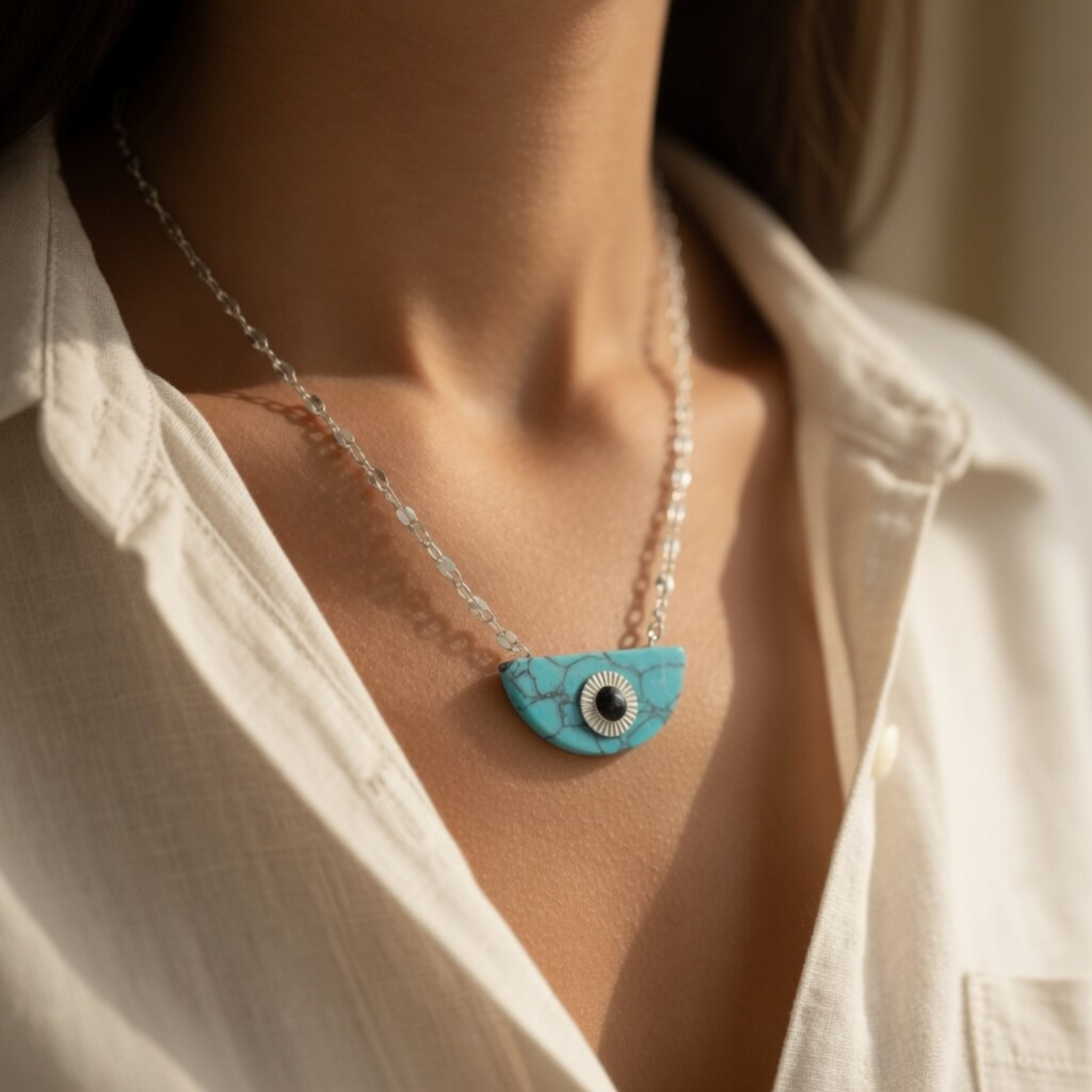 Silberne Halskette mit einem halbmondförmigen Anhänger aus Türkis-Stein, verziert mit einem Evil Eye (böser Blick) Symbol, getragen auf einem hellen Leinenhemd.
