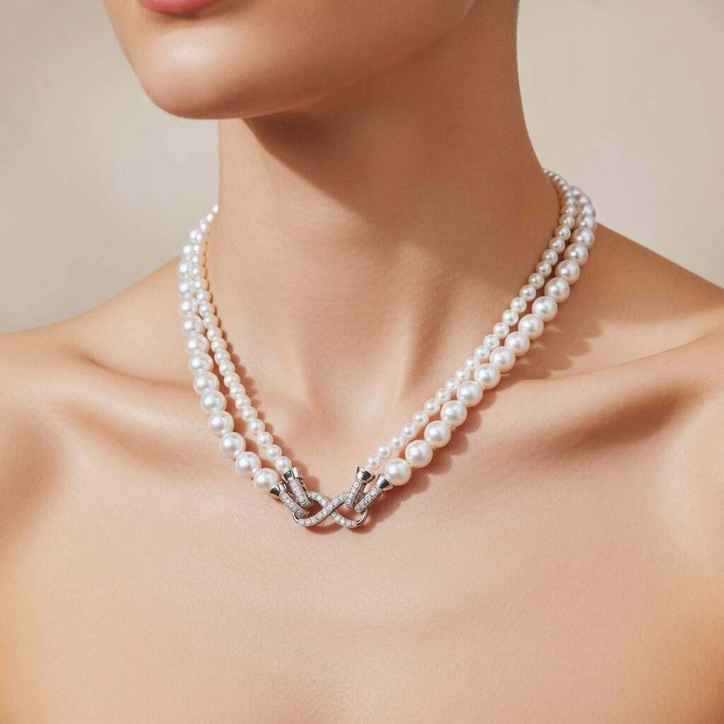 Nahaufnahme eines Models, das eine zweireihige Halskette aus klassischen weißen Perlen trägt. Die beiden Perlenstränge sind unterschiedlich groß und werden im Zentrum durch eine elegante, mit funkelnden Zirkonia-Steinen besetzte Infinity-Schließe zusammengehalten.