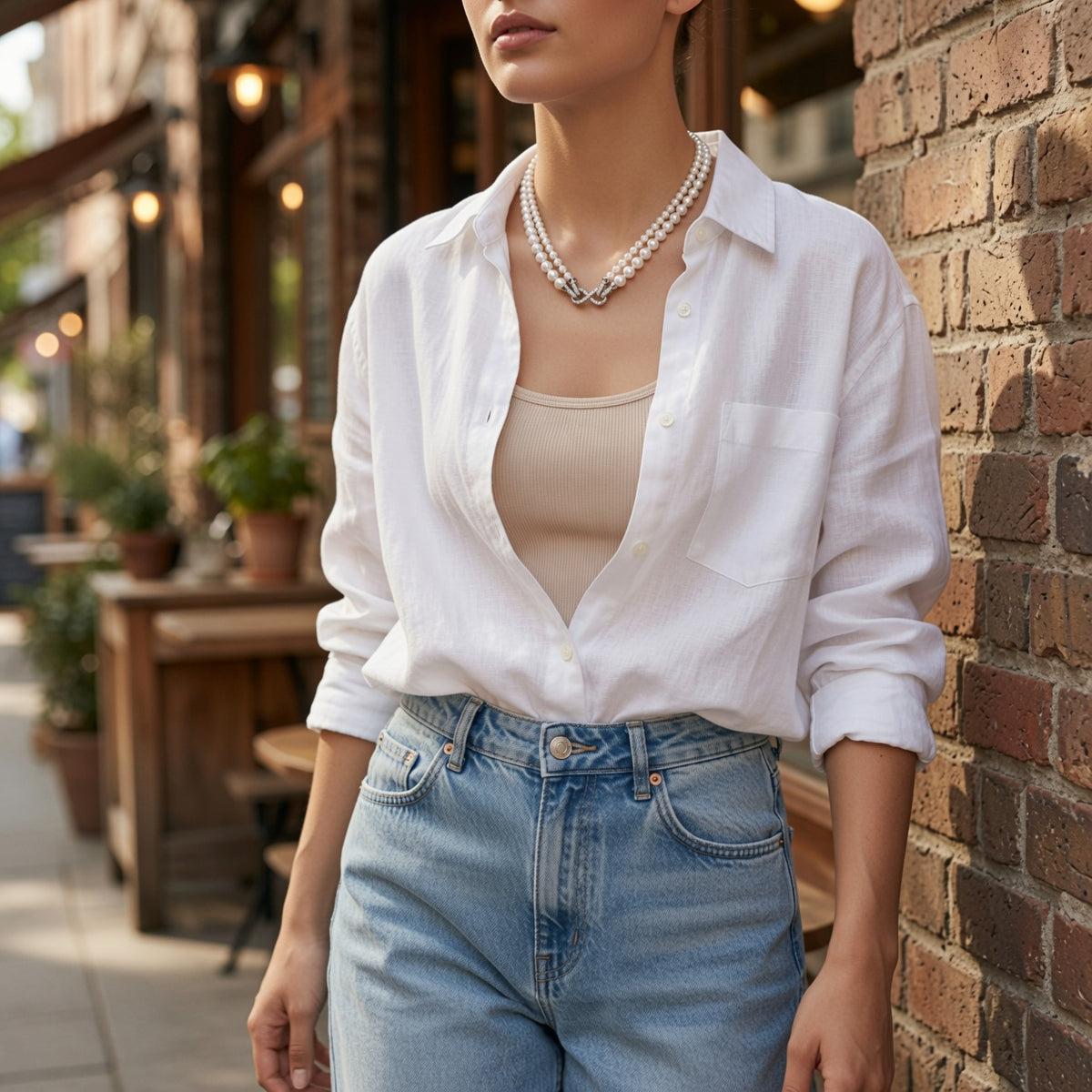 Weiße zweireihige Perlenkette mit Knotendetail, getragen zu Bluse und Jeans