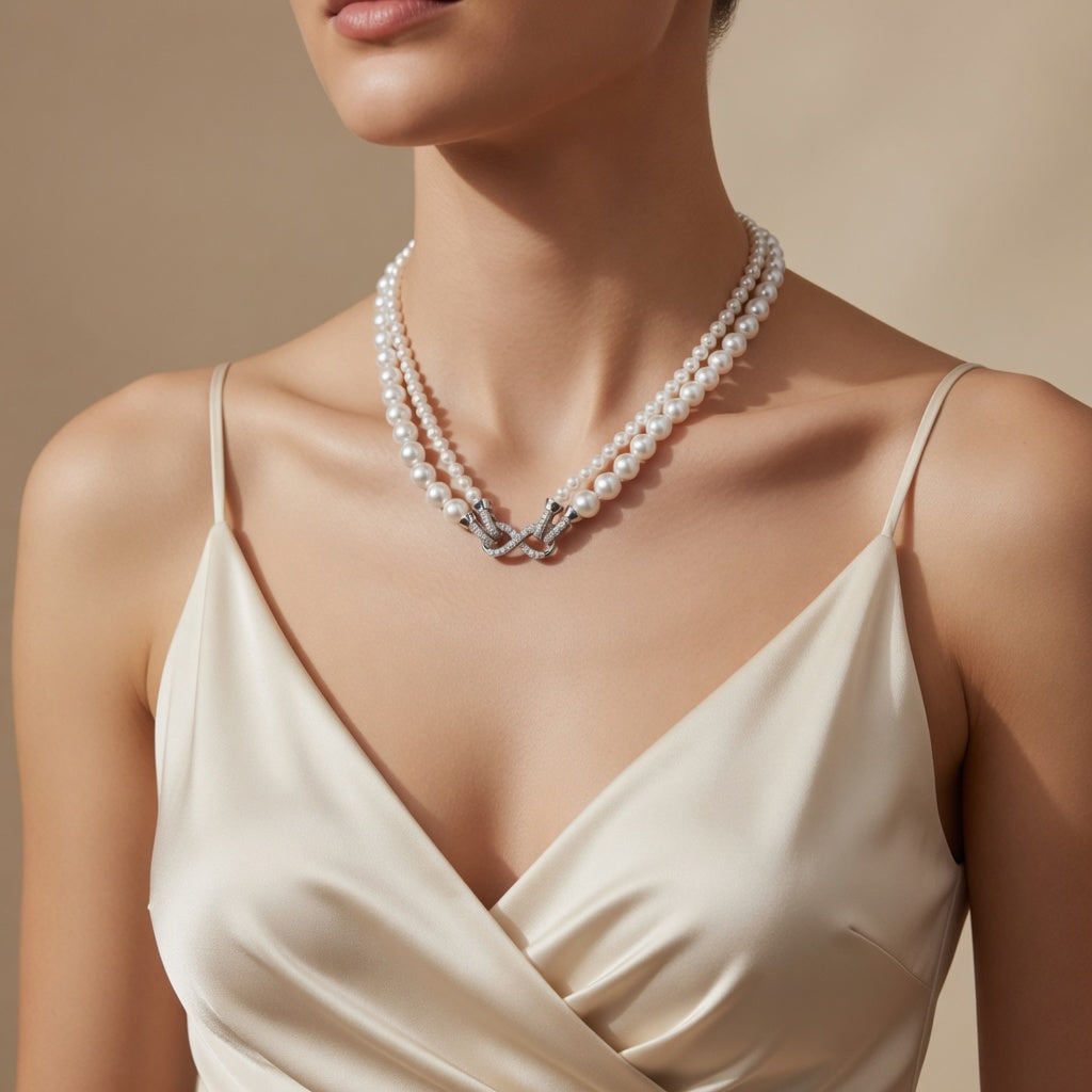 Eine elegante zweireihige Halskette aus weißen Perlen, getragen zu einem cremefarbenen Seidentop. Die Kette wird vorne durch einen markanten, mit Steinen besetzten Verschluss in Form einer liegenden Acht (Infinity-Symbol) zusammengehalten.